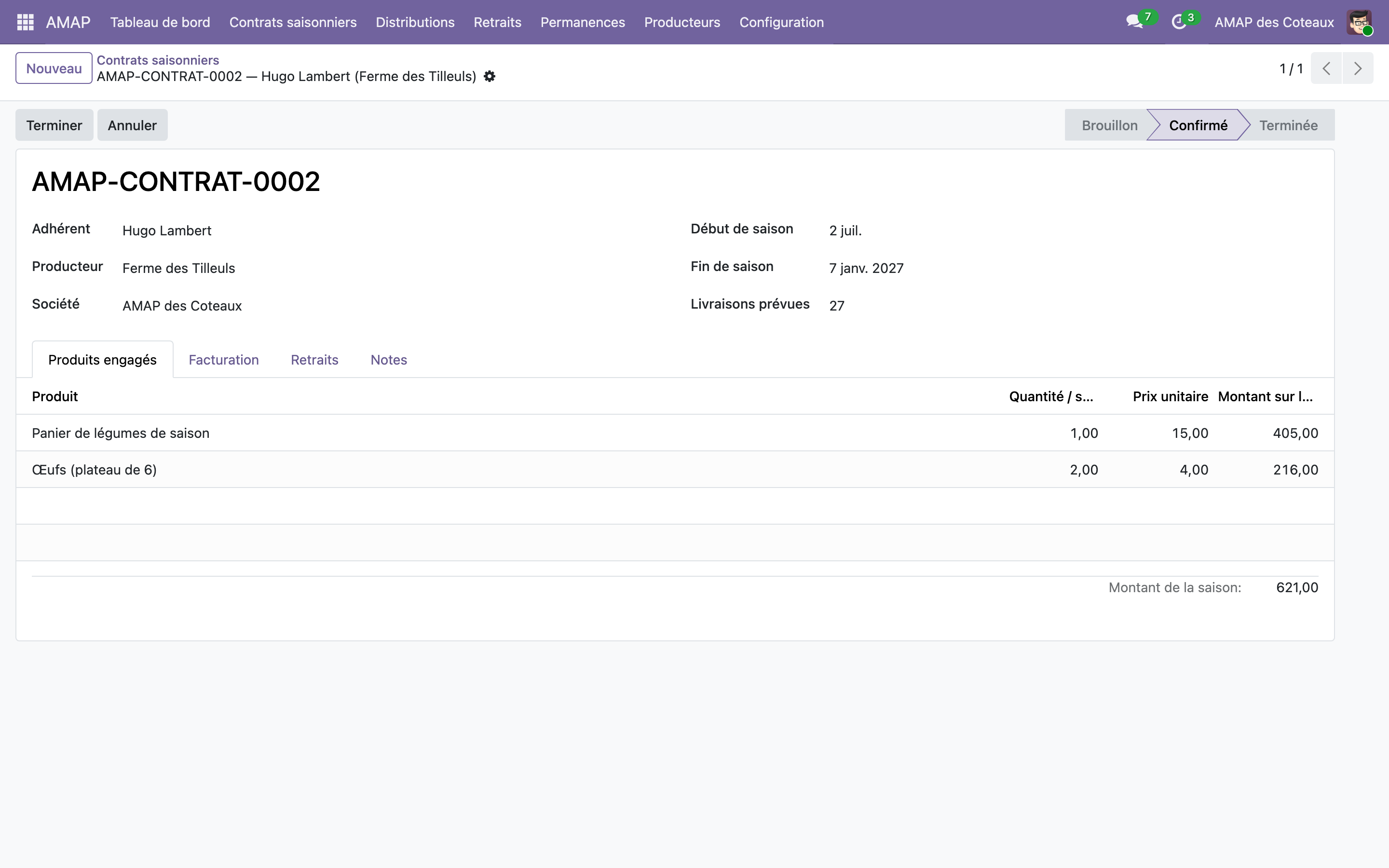 Capture de AMAP et marchés de producteurs — contrats, distributions et permanences dans Odoo 19
