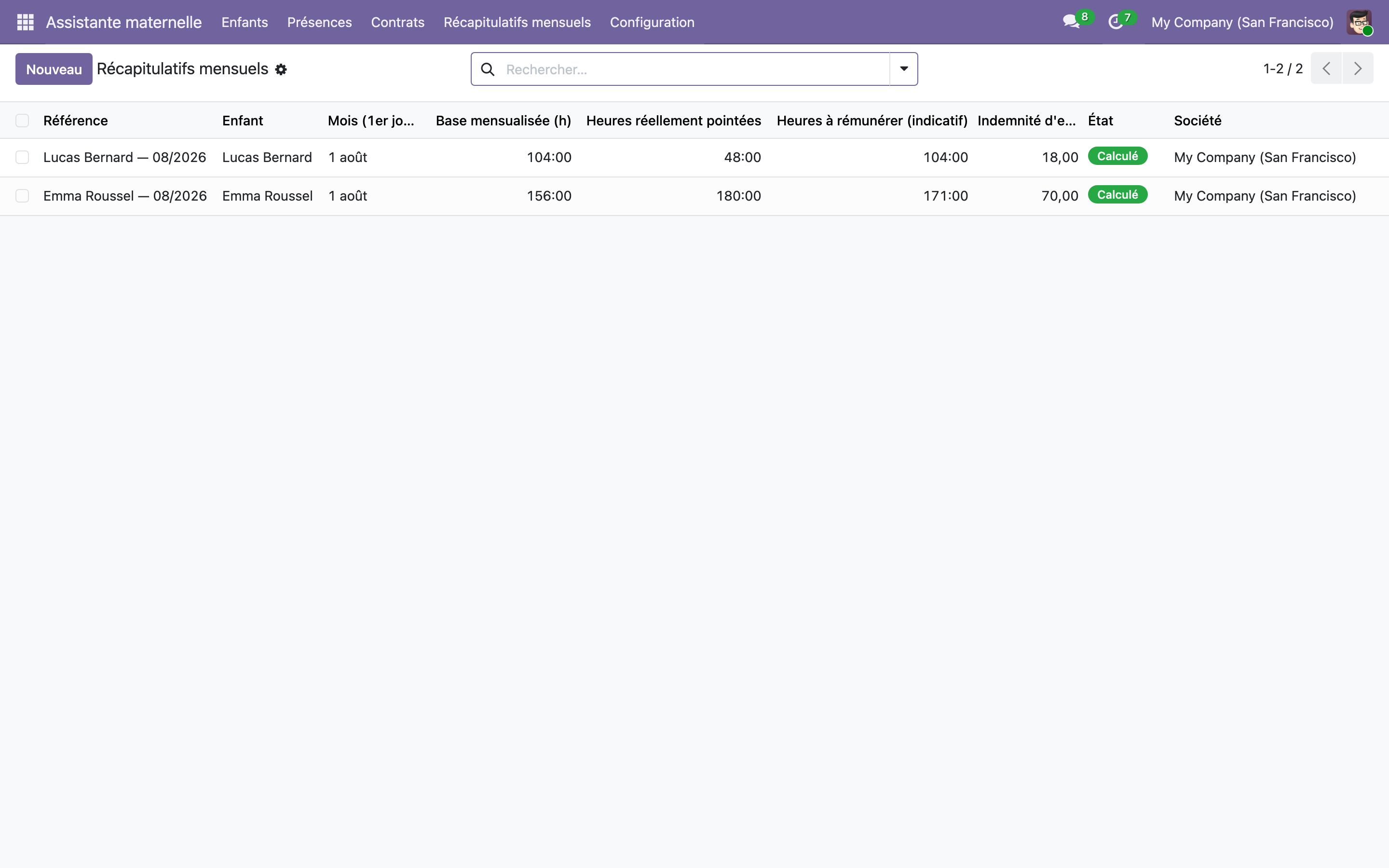 Capture de Assistante maternelle agréée — contrats, pointage des heures et récapitulatif mensuel dans Odoo 19