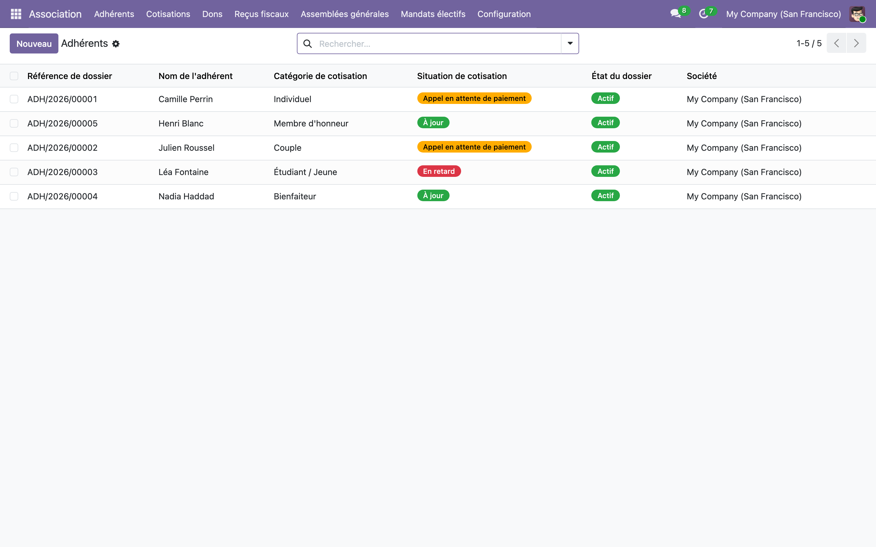 Capture de Gestion d'association loi 1901 — adhérents, cotisations, assemblées et reçus fiscaux dans Odoo 19
