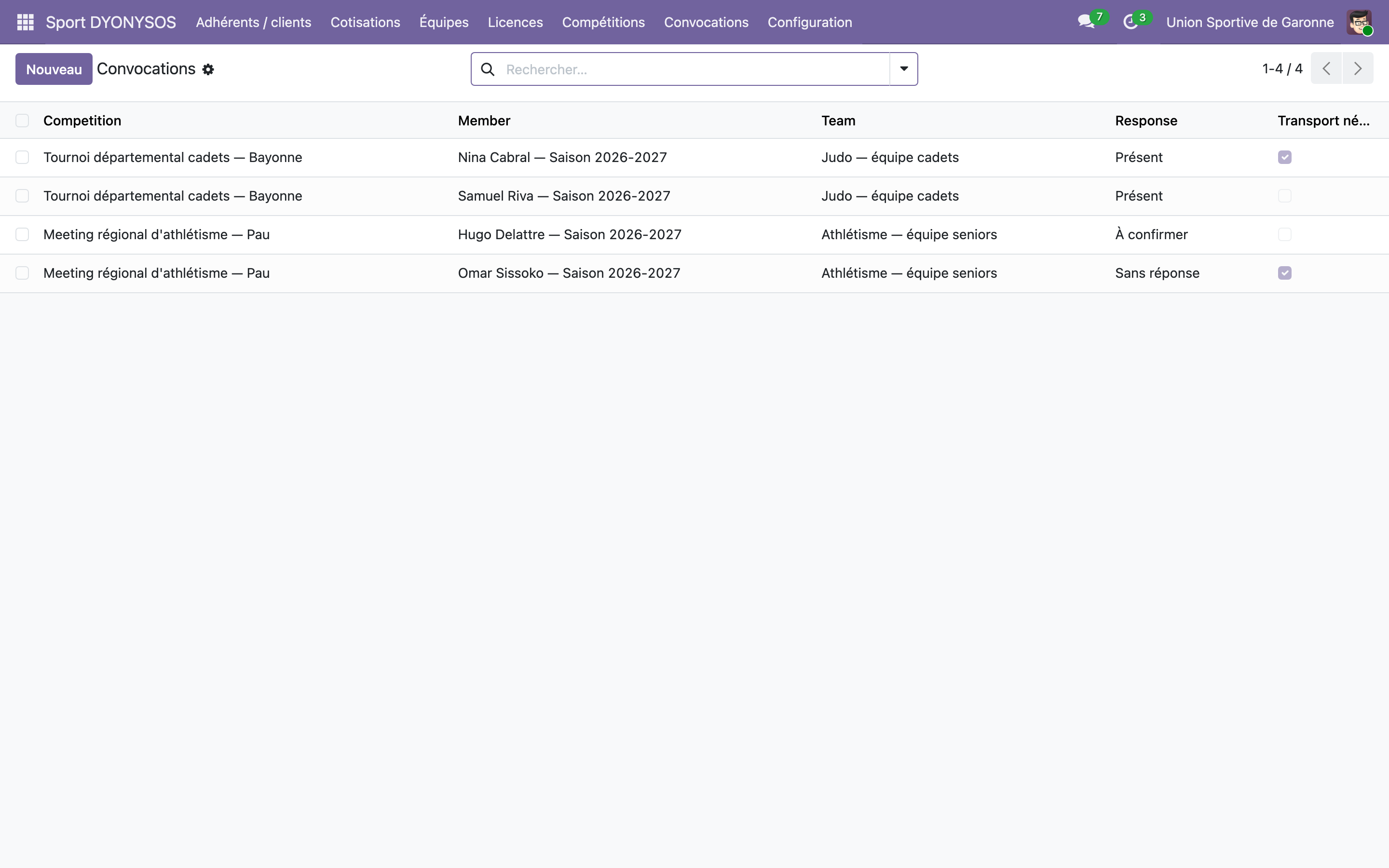 Capture de Sport amateur dans Odoo 19