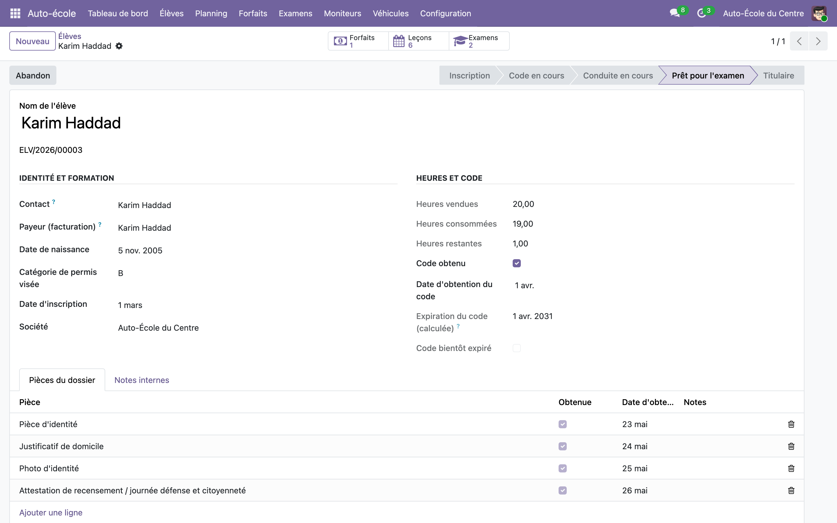 Capture de Gestion d'auto-école — élèves, forfaits et planning dans Odoo 19