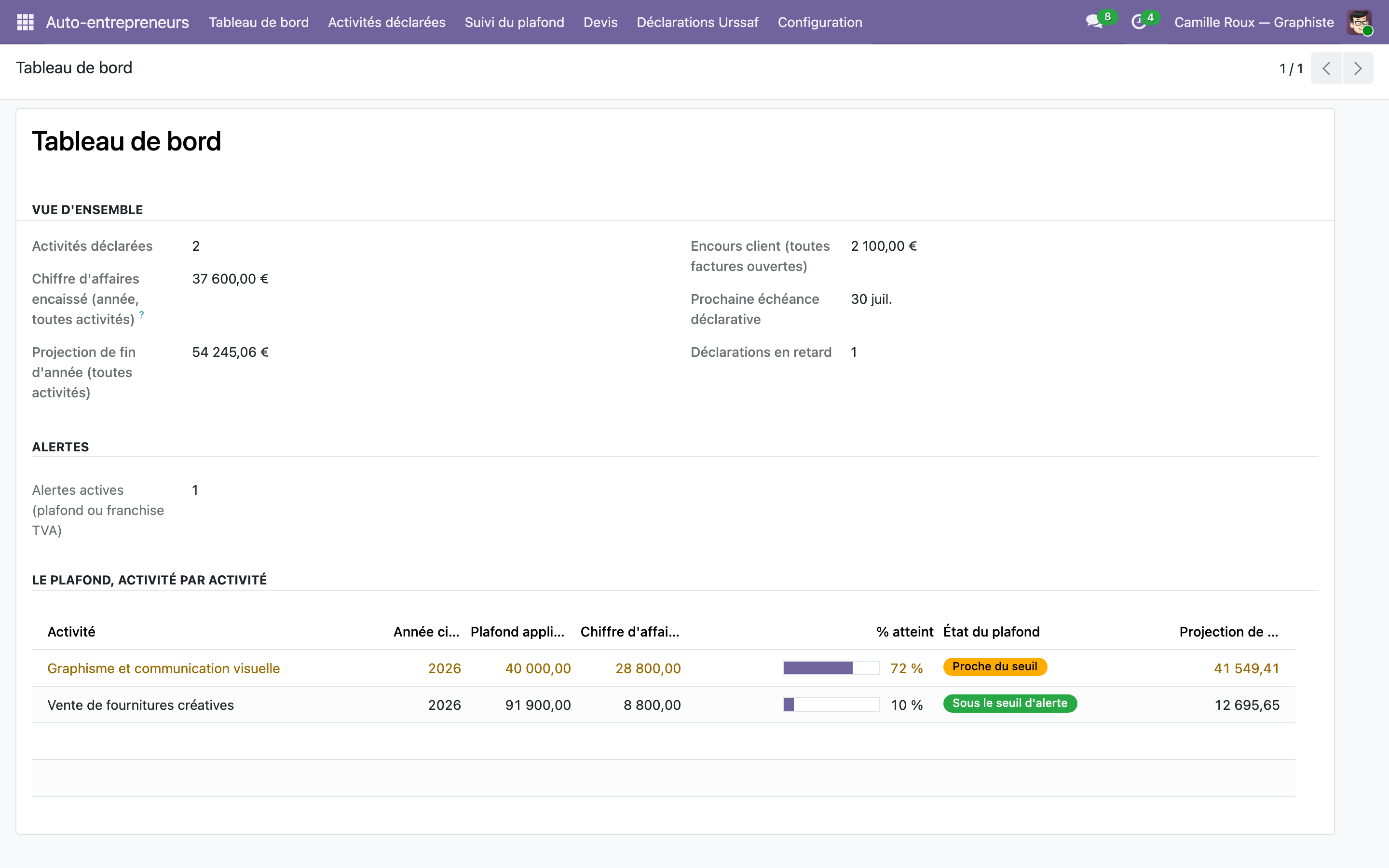 Capture de Auto-entrepreneurs multi-métiers — tableau de bord et déclarations Urssaf dans Odoo 19