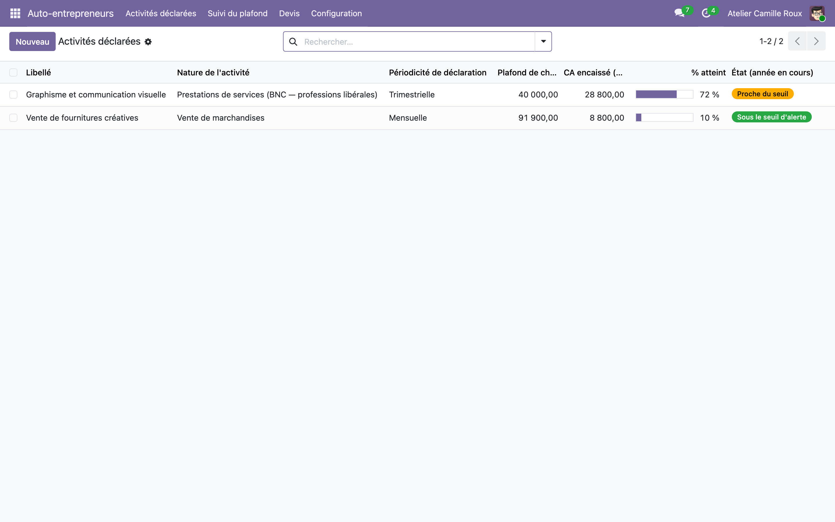 Capture de Auto-entrepreneurs multi-métiers Lite — activités, plafond et devis (gratuit, Odoo Community) dans Odoo 19
