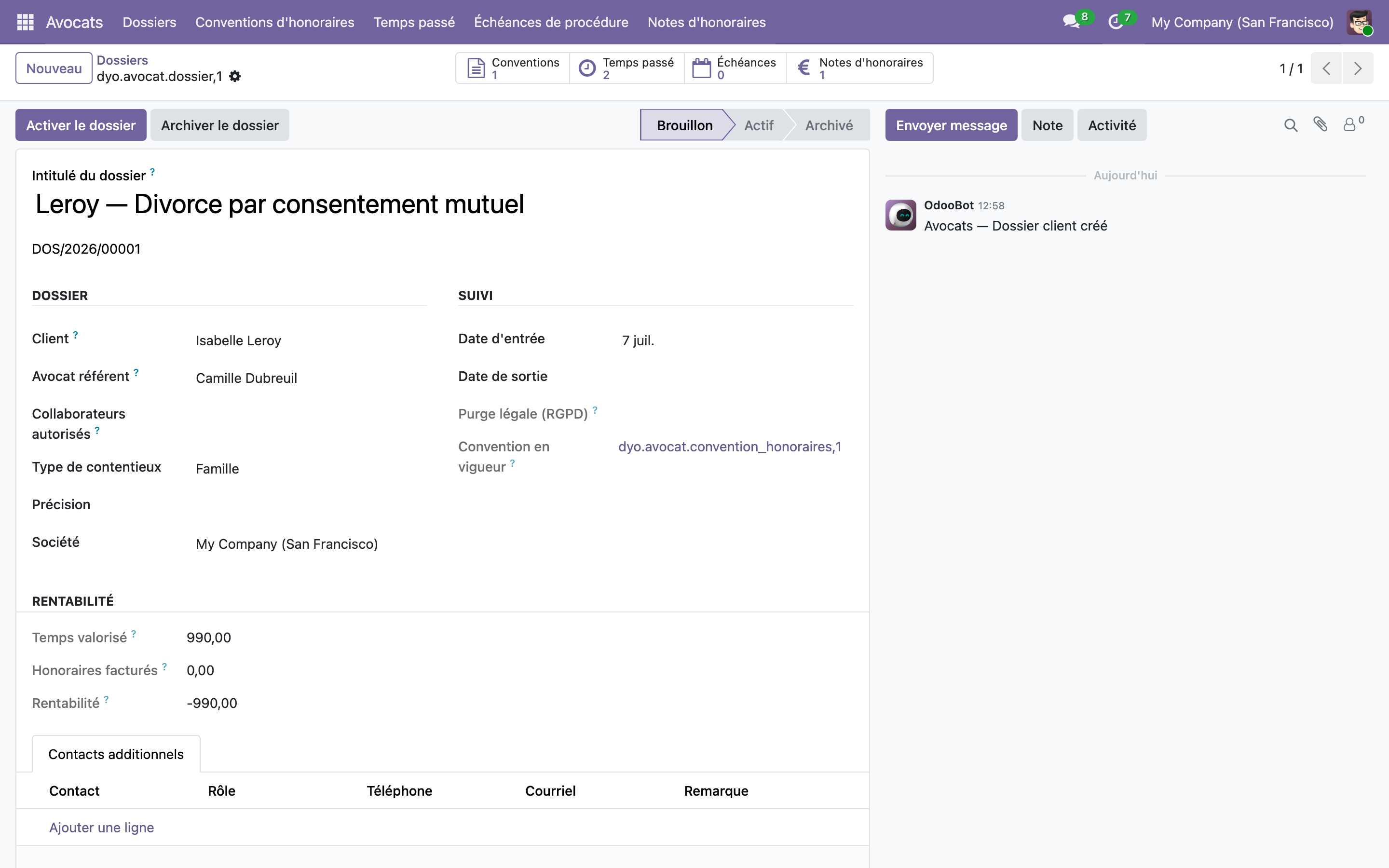 Capture de Gestion de cabinet d'avocats — dossiers confidentiels, temps passé et honoraires dans Odoo 19