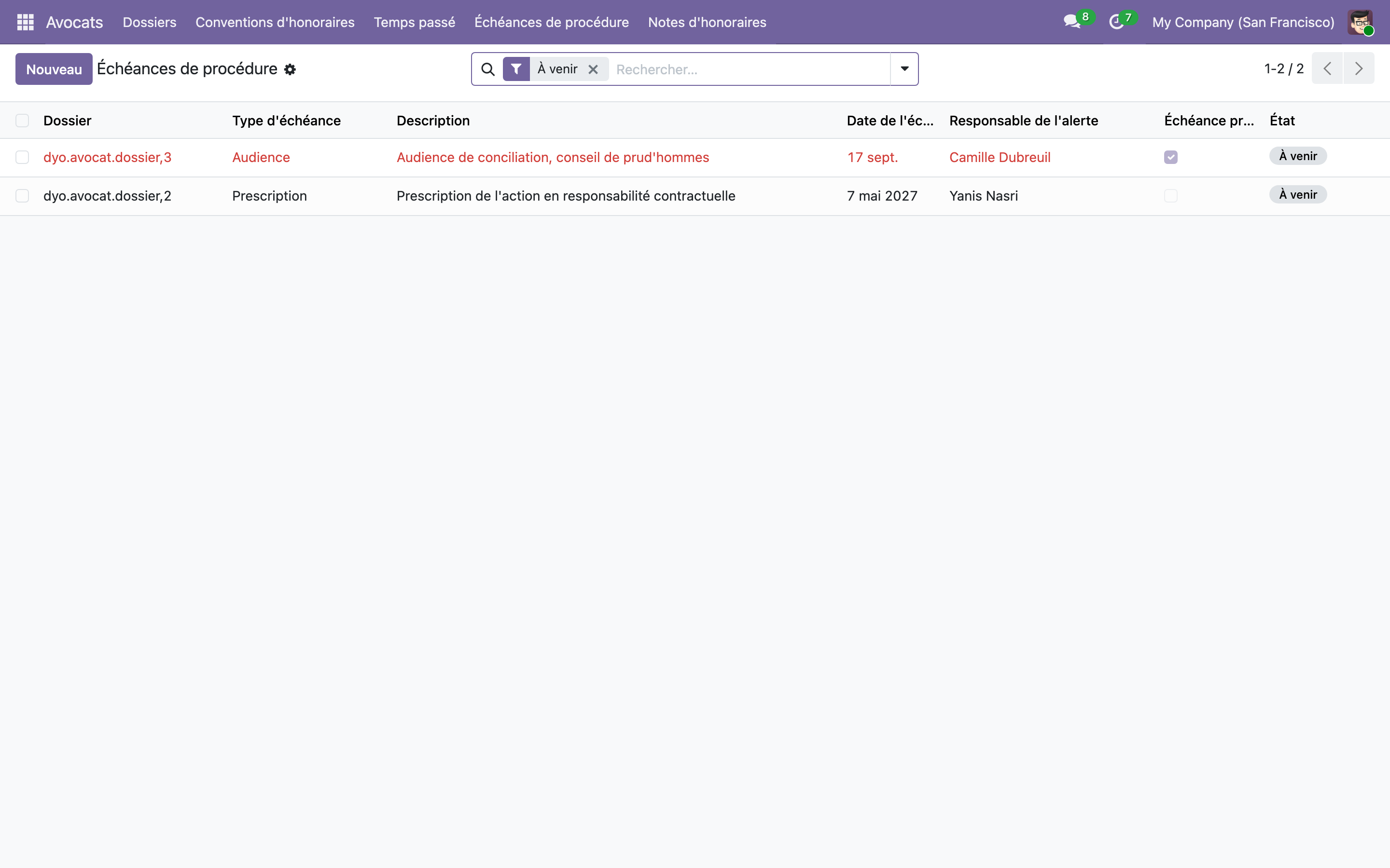 Capture de Gestion de cabinet d'avocats Lite — dossiers confidentiels, temps passé et échéances dans Odoo 19