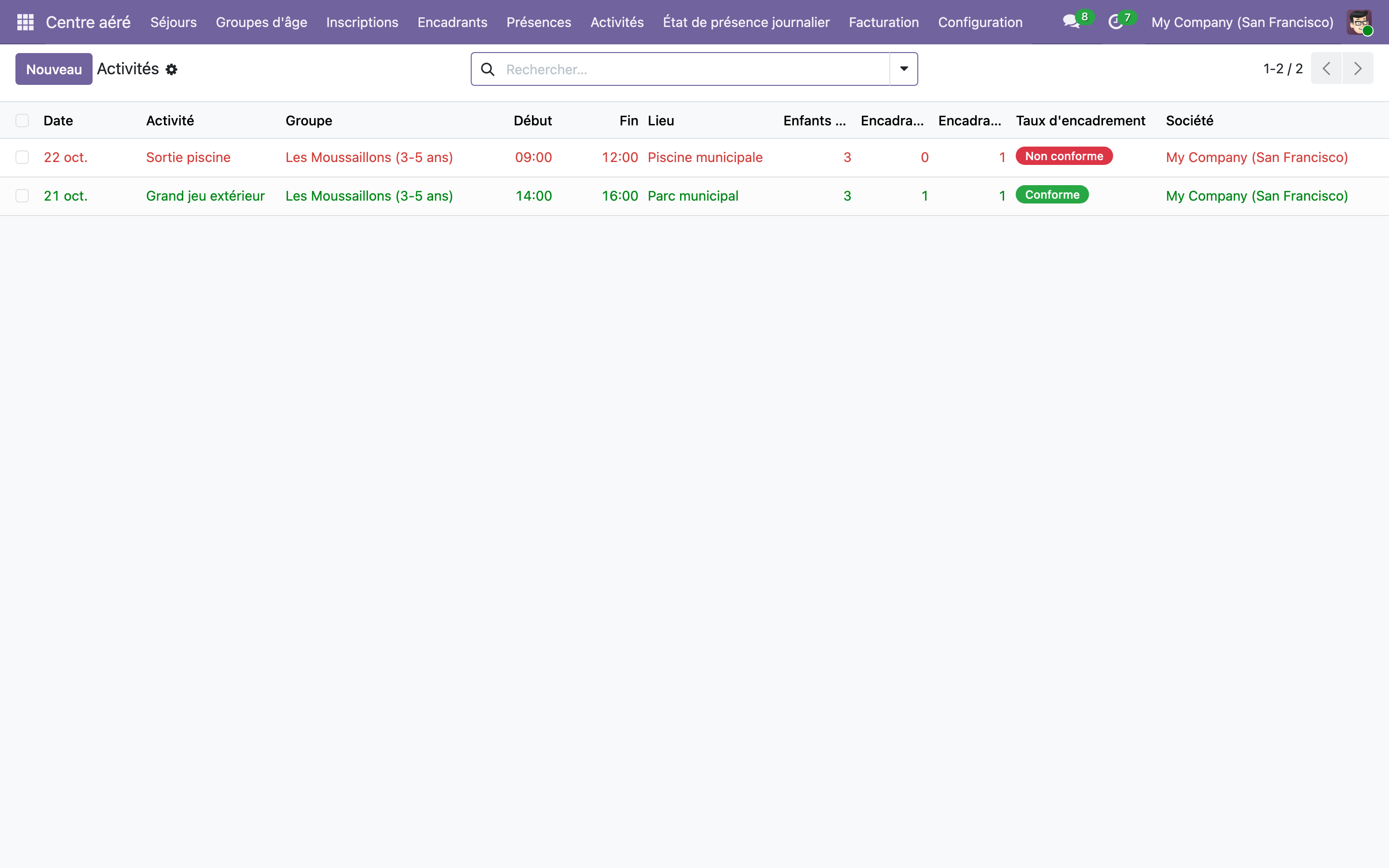 Capture de Gestion d'accueil de loisirs et centre aéré Lite — séjours, présences, taux d'encadrement dans Odoo 19