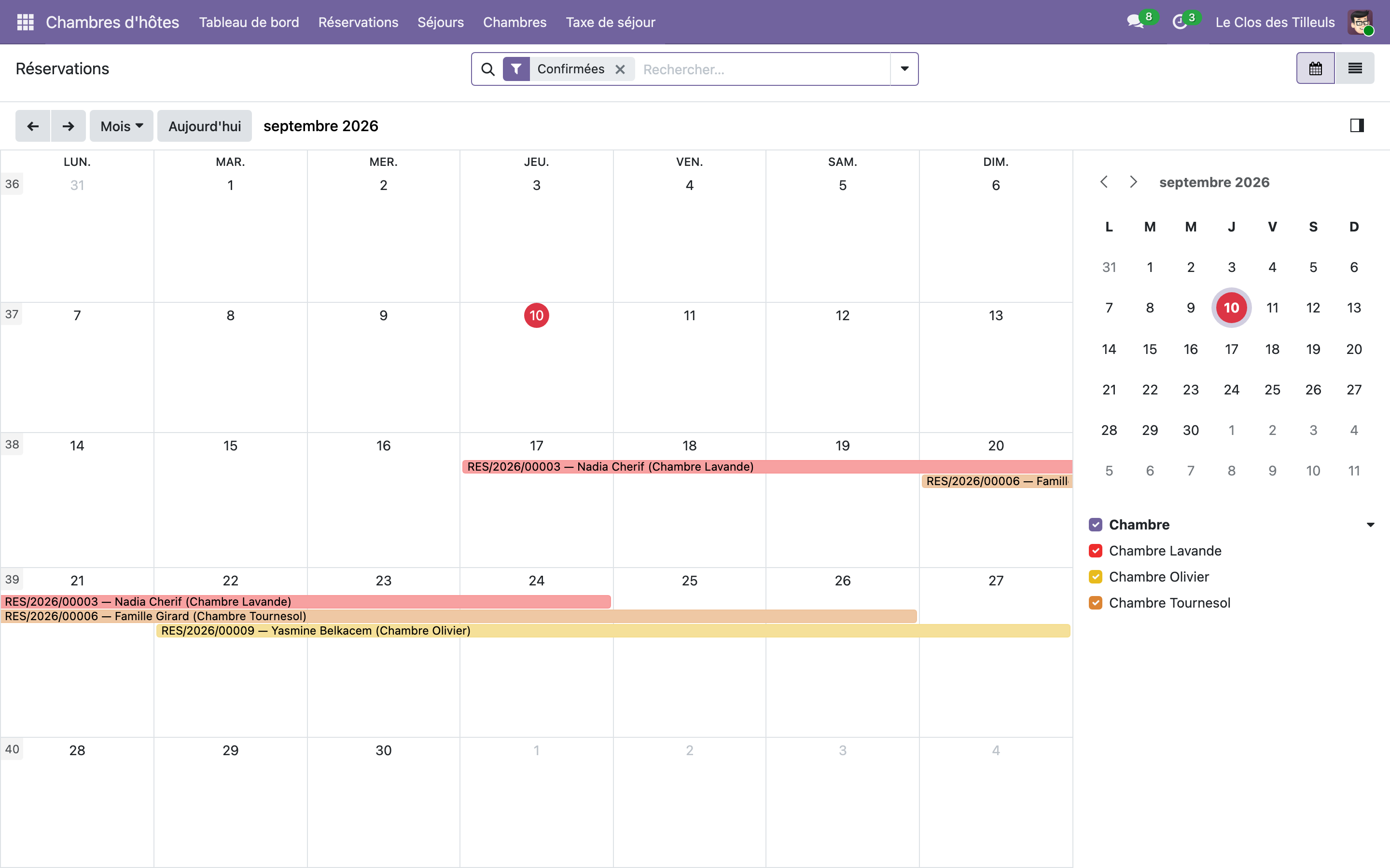 Capture de Chambres d'hôtes et gîtes — réservations, séjours et planning dans Odoo 19