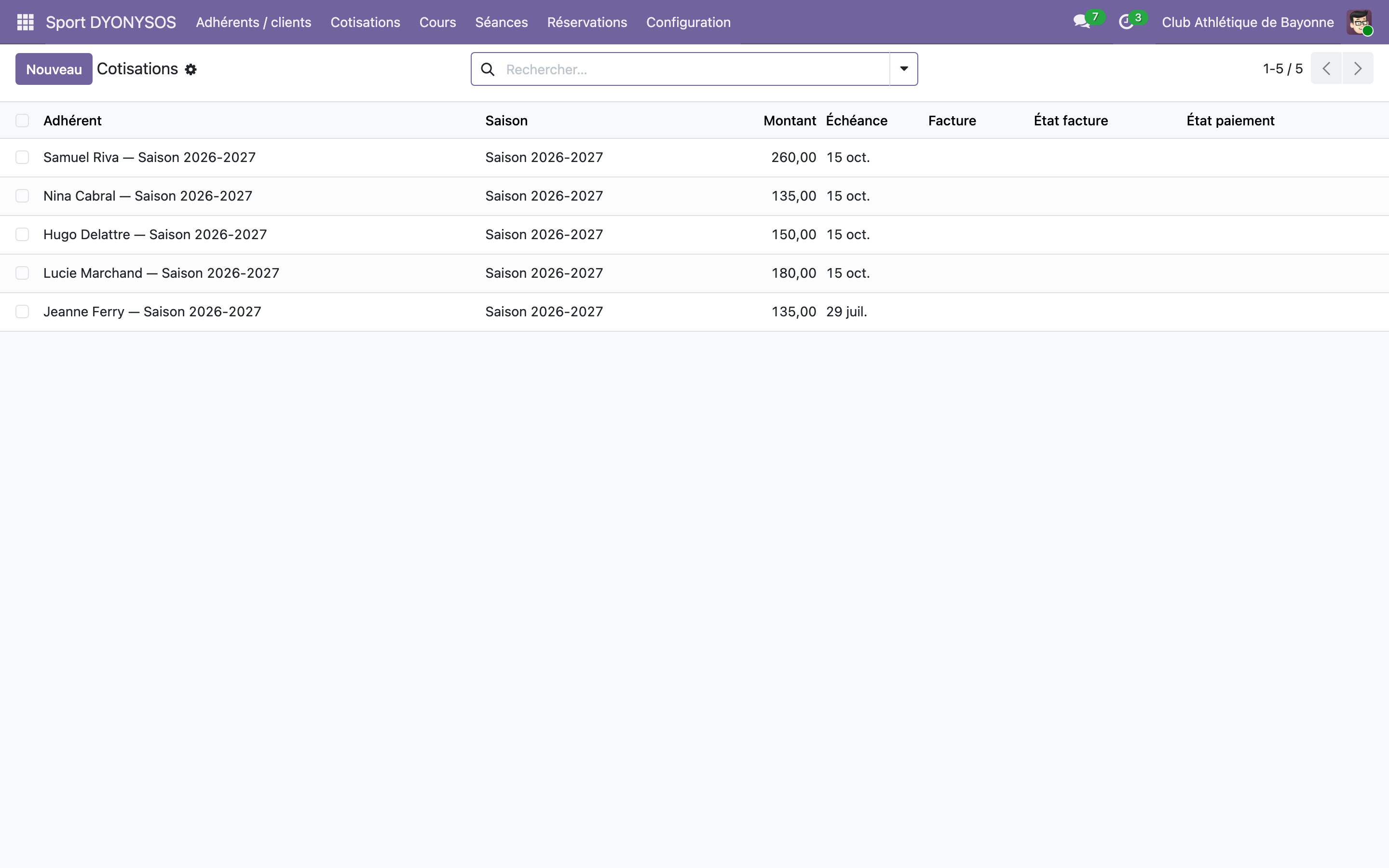 Capture de Club sportif dans Odoo 19