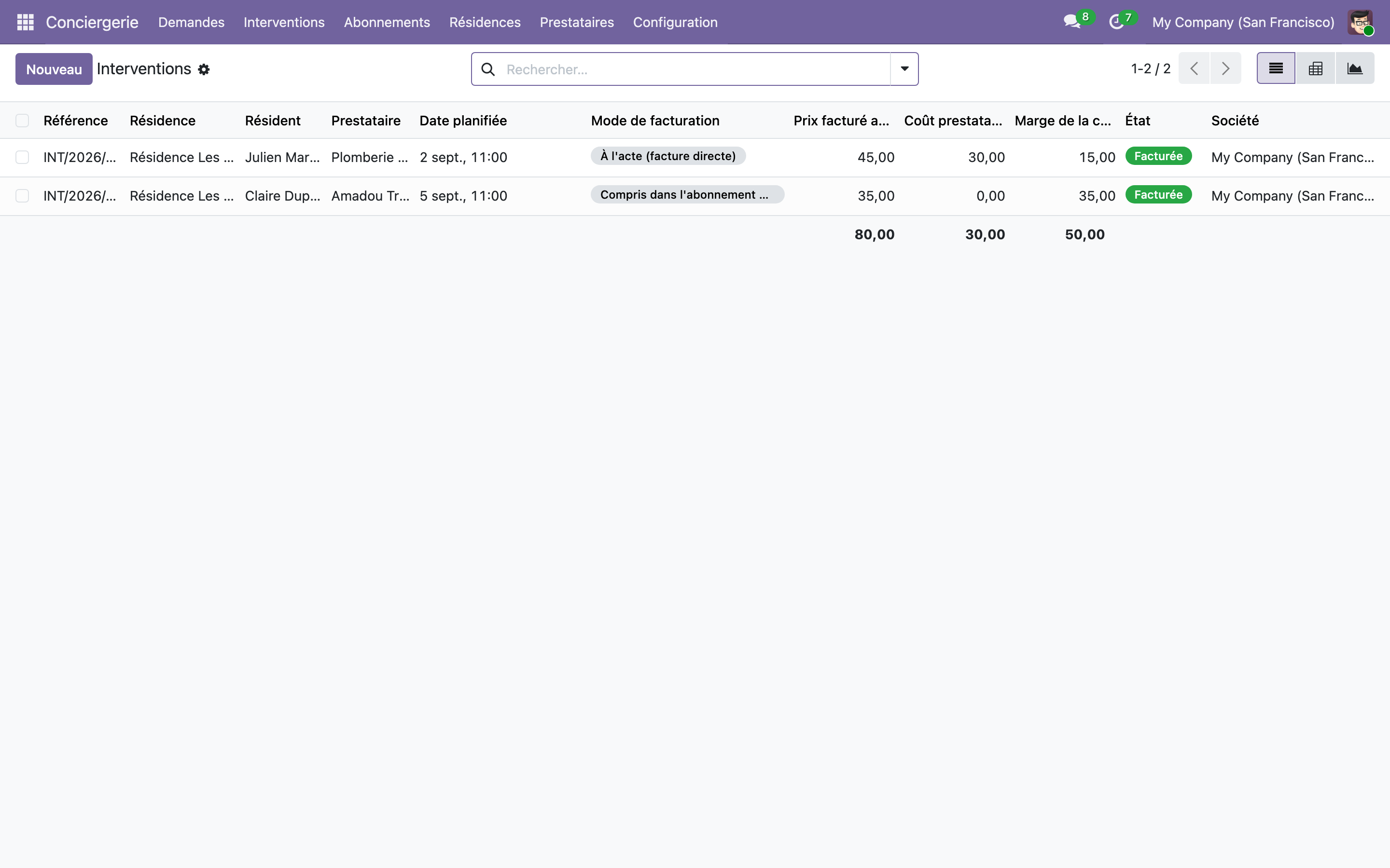 Capture de Conciergerie résidentielle — demandes des résidents, prestataires et interventions dans Odoo 19