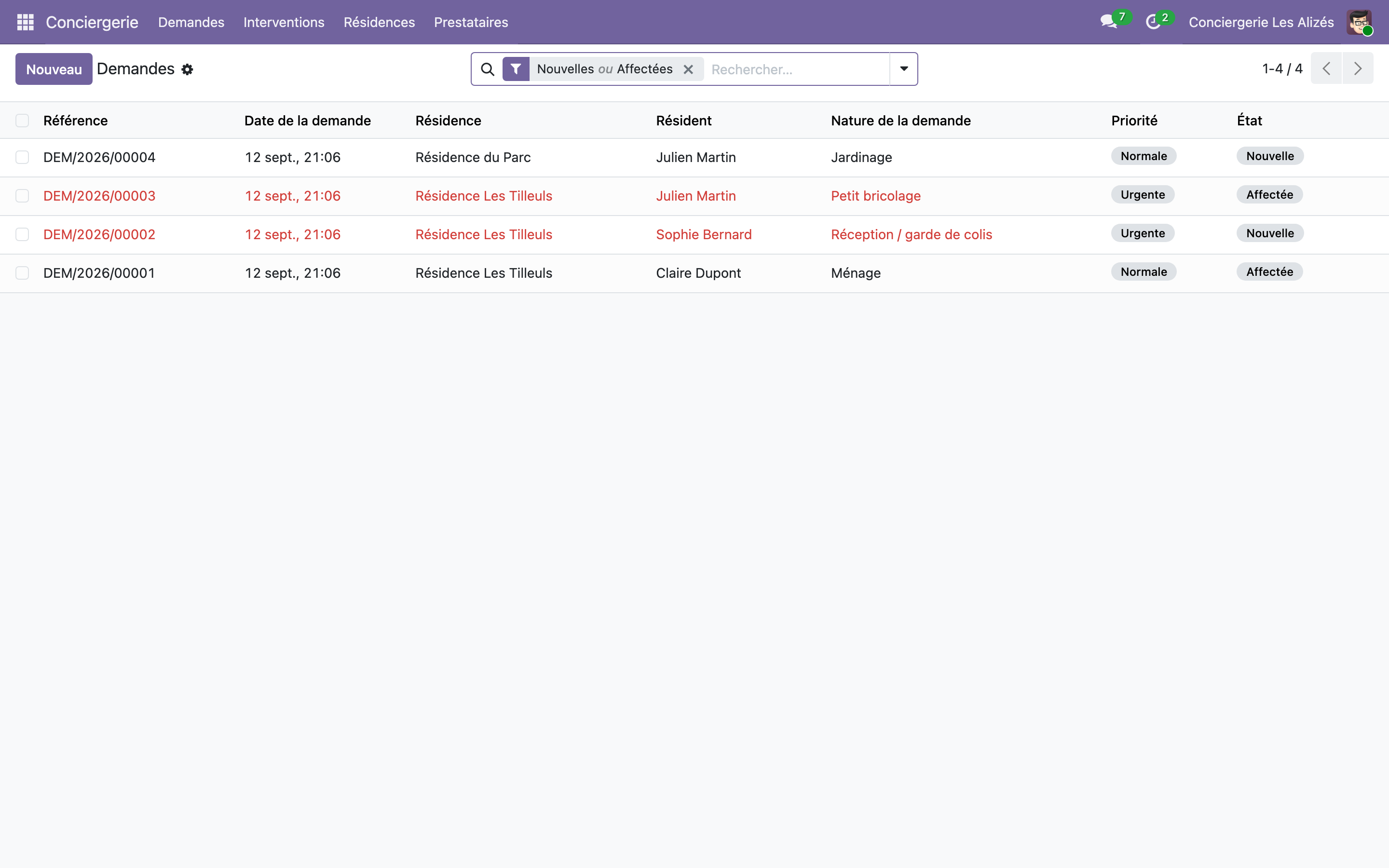 Capture de Conciergerie résidentielle Lite — demandes des résidents, prestataires et interventions dans Odoo 19