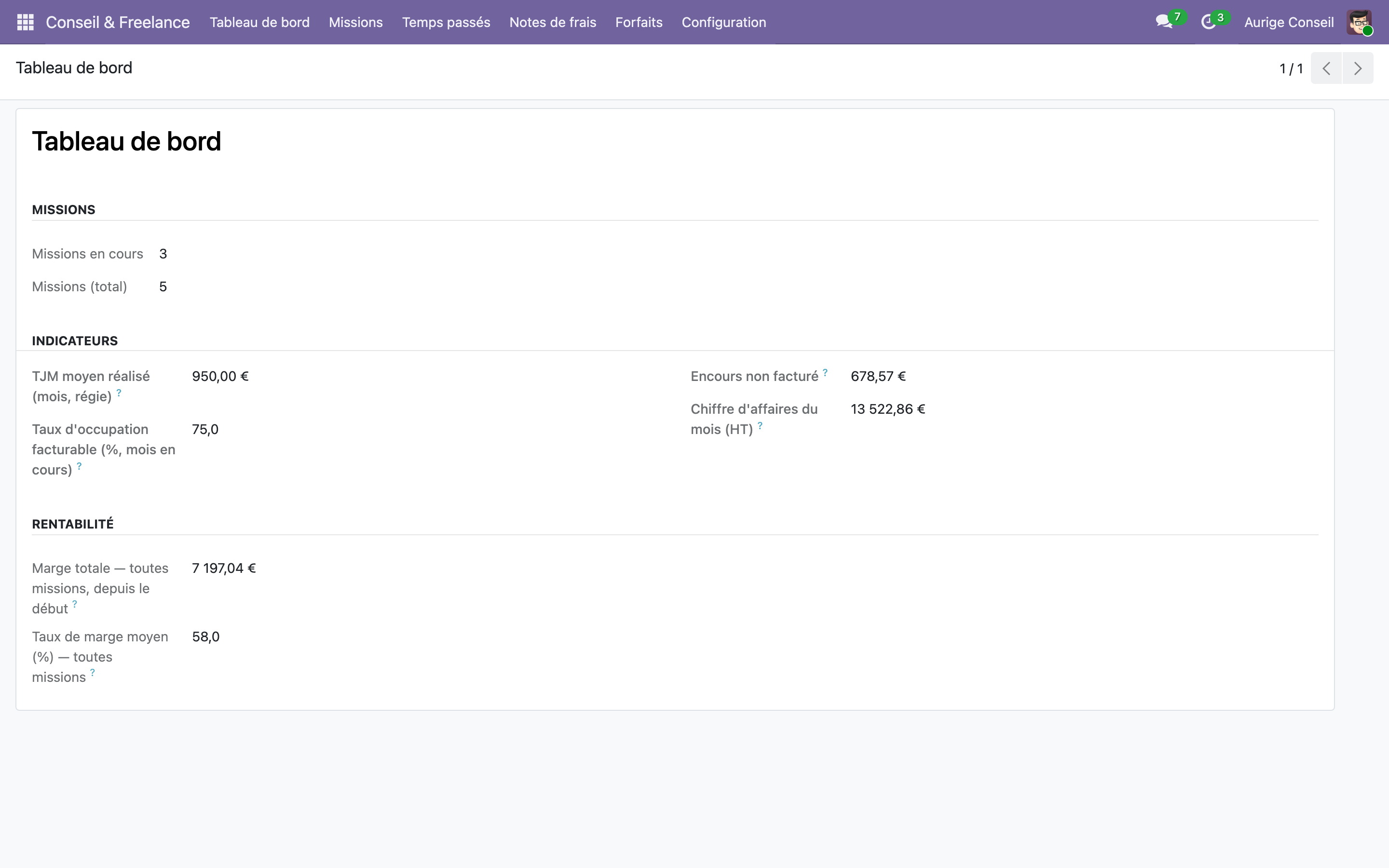 Capture de Conseil & Freelance — forfaits par jalons, tableau de bord et éditions PDF dans Odoo 19