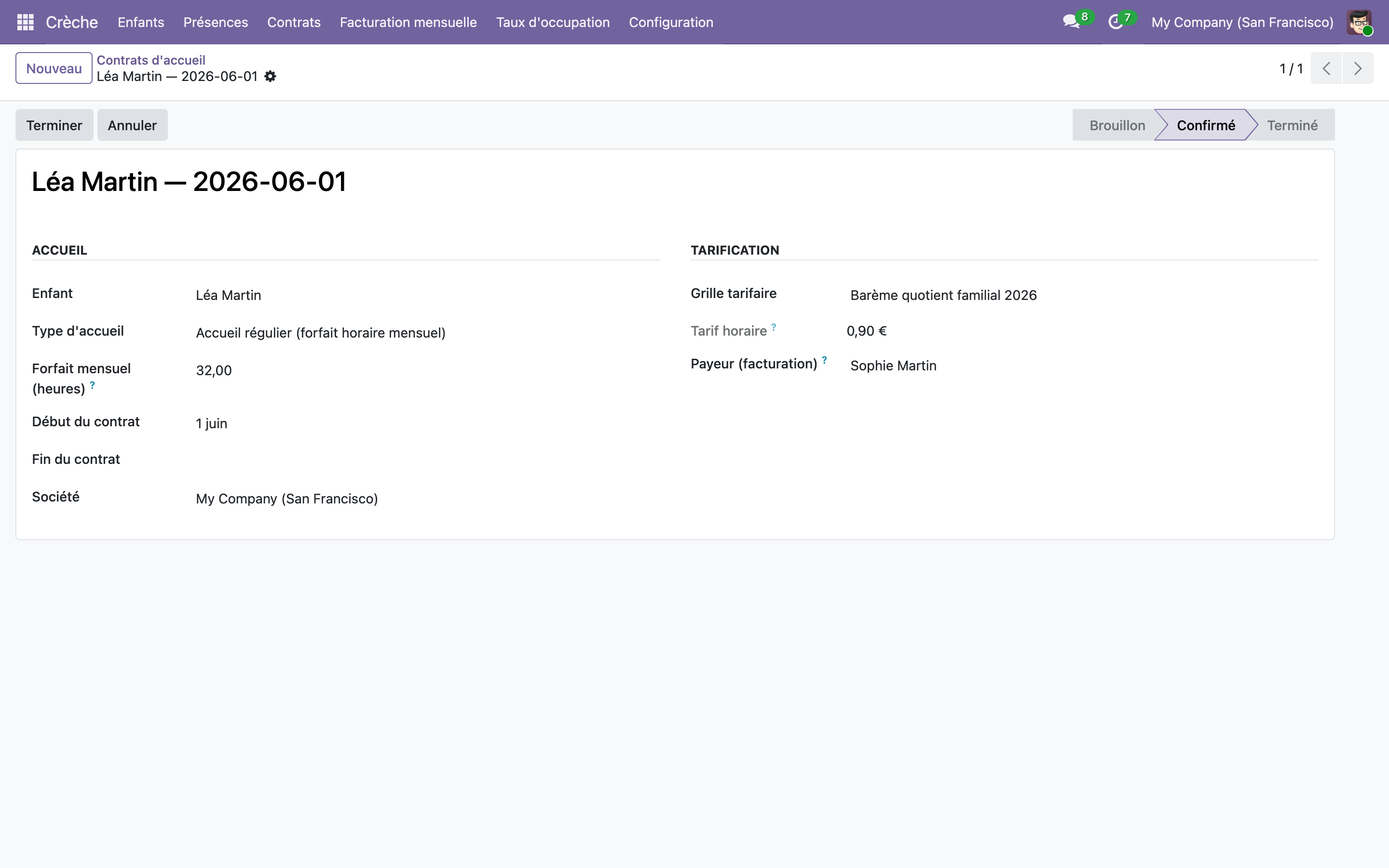 Capture de Gestion de crèche Lite — dossiers enfants, contrats et planning prévisionnel dans Odoo 19