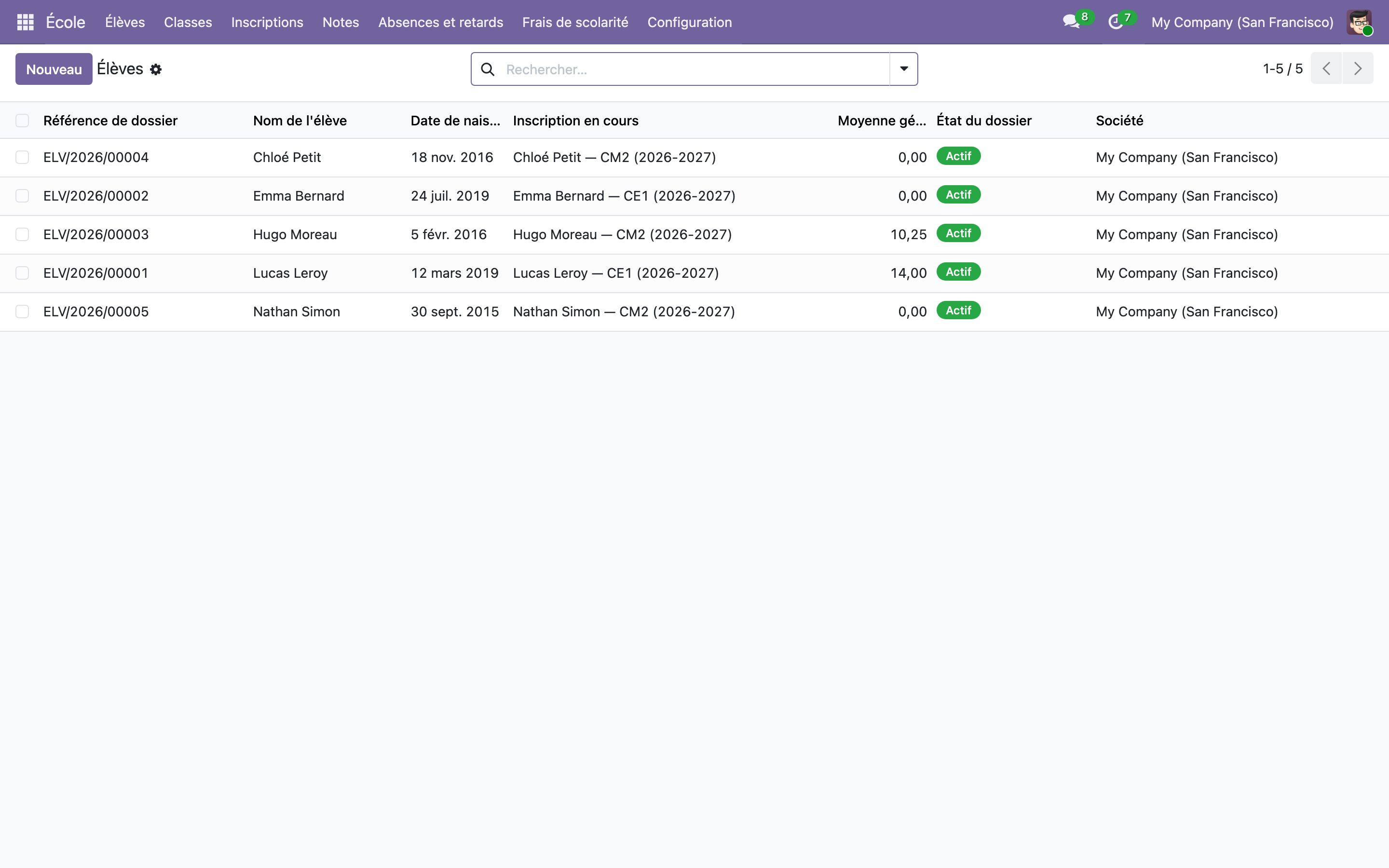 Capture de Gestion d'école — élèves, notes, absences et frais de scolarité dans Odoo 19