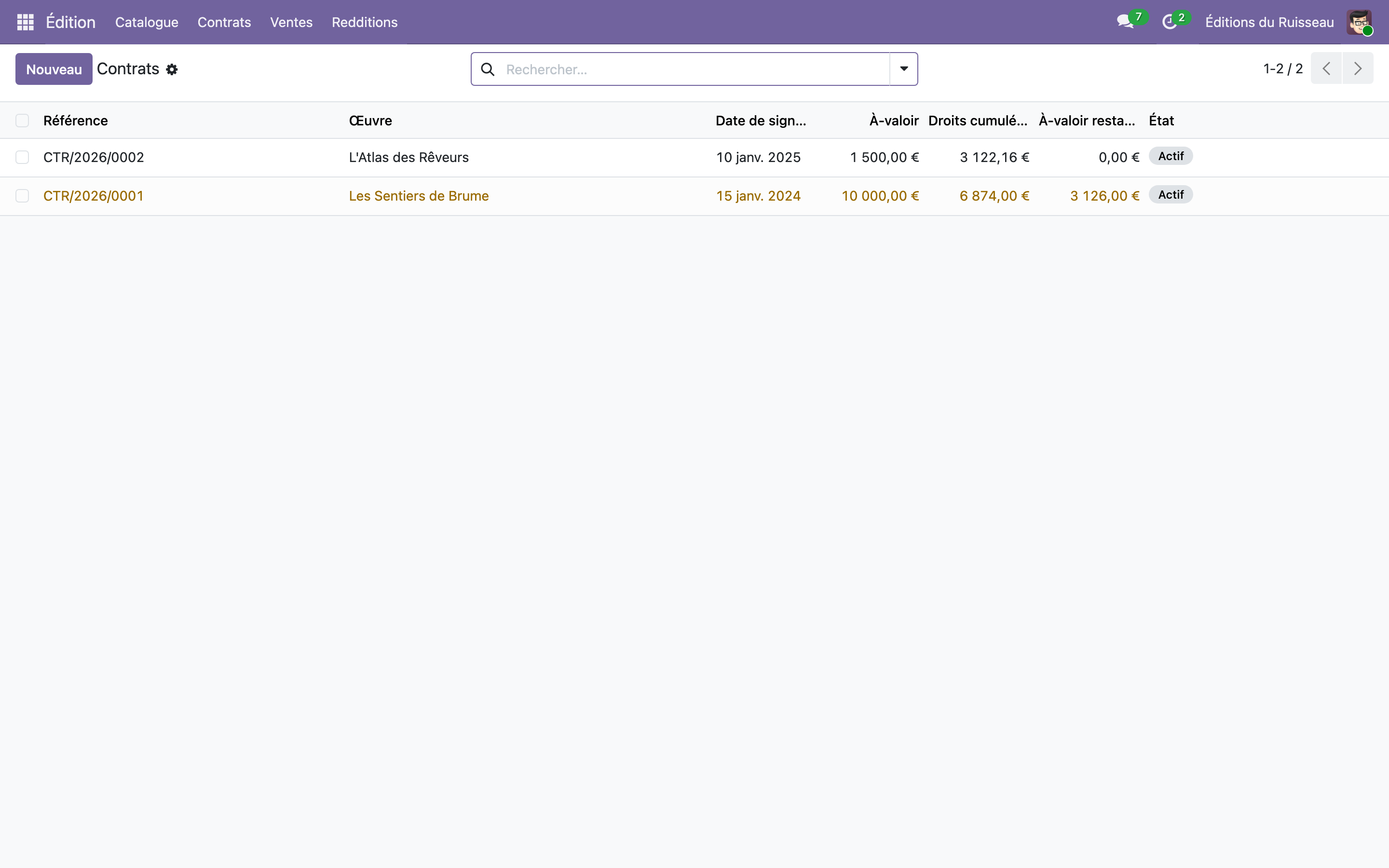 Capture de Édition — catalogue, contrats d'auteur, droits et redditions de comptes dans Odoo 19