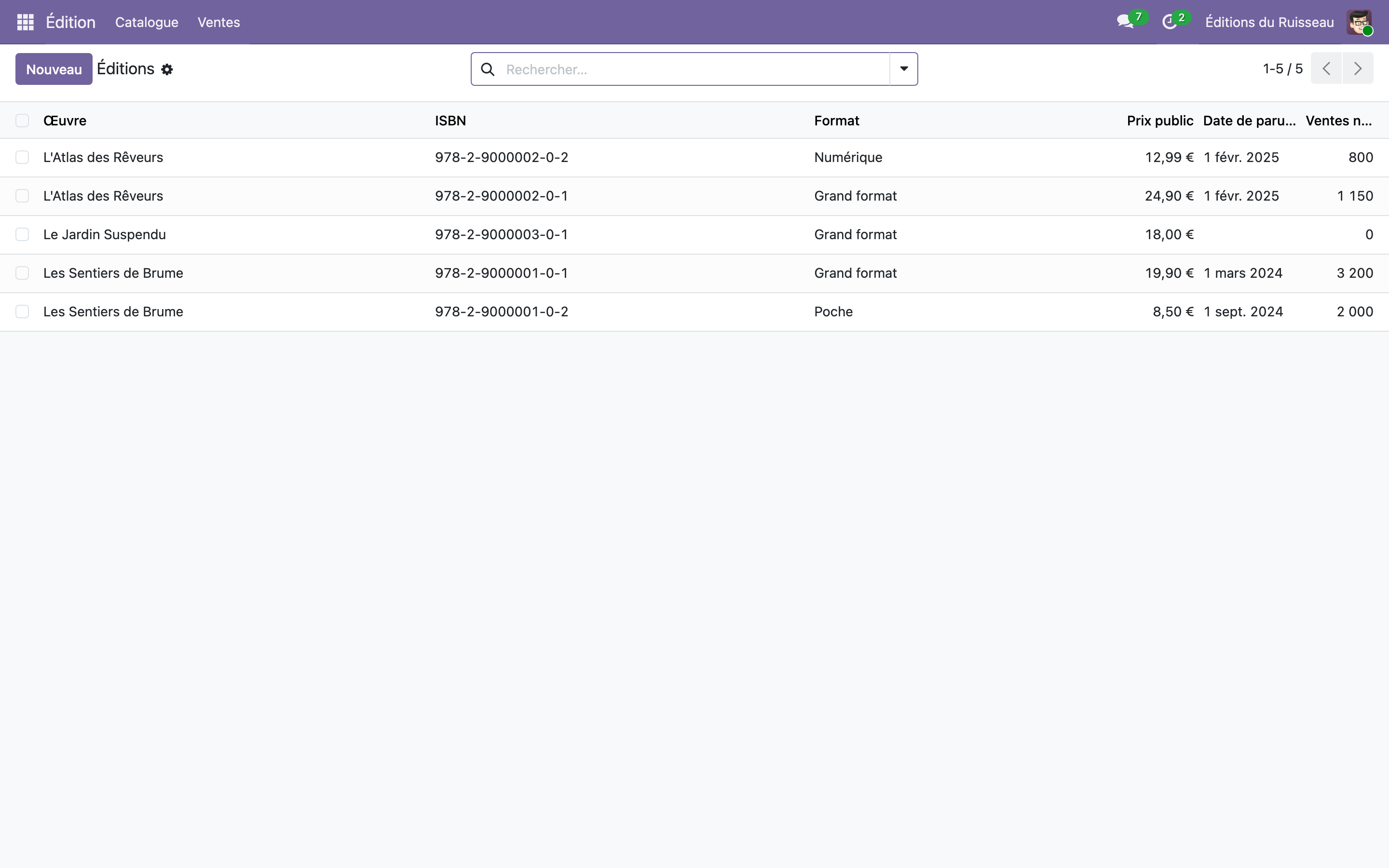 Capture de Édition Lite — catalogue des œuvres, éditions et remontées de ventes dans Odoo 19