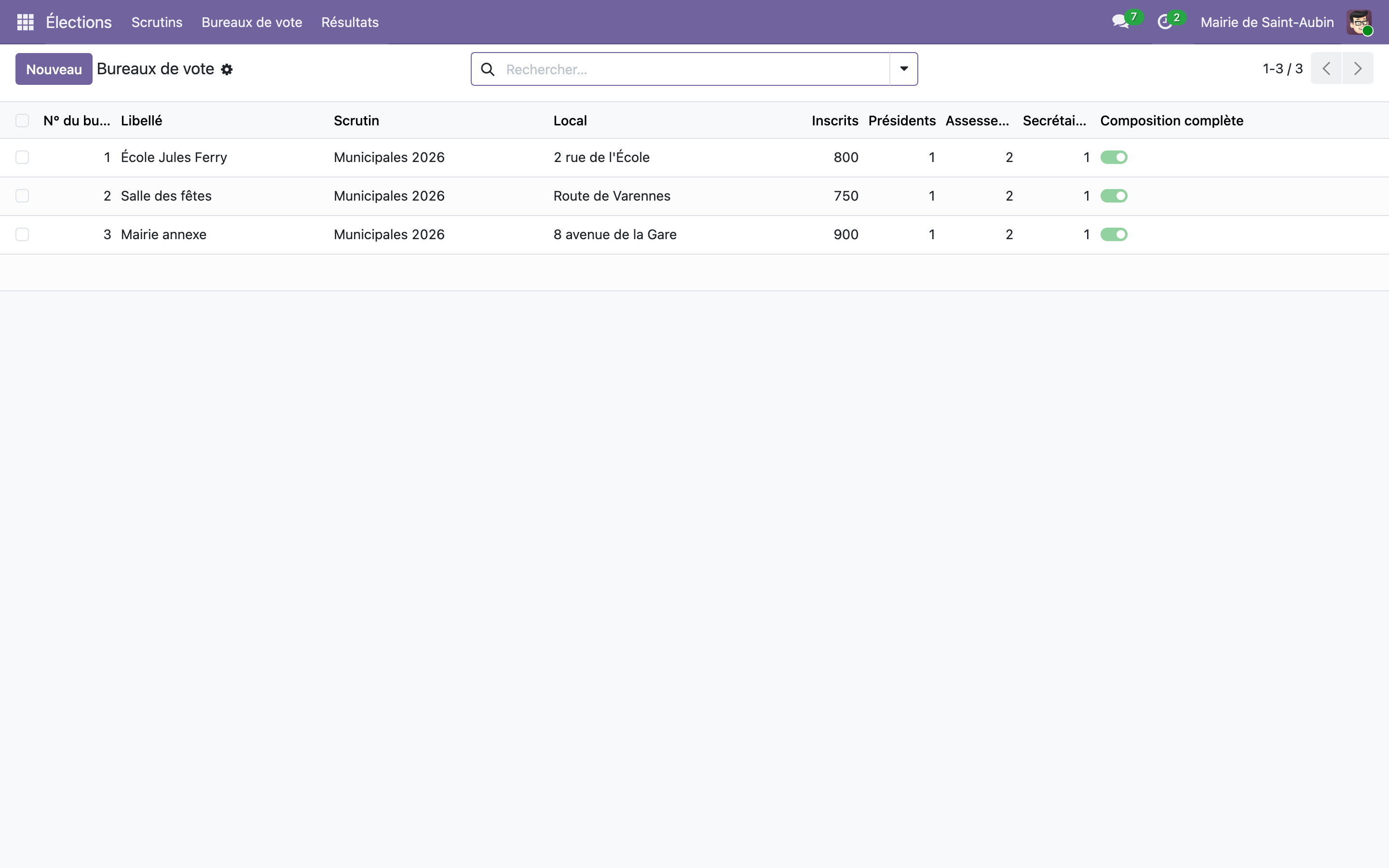 Capture de Élections — bureaux de vote, permanences et résultats dans Odoo 19