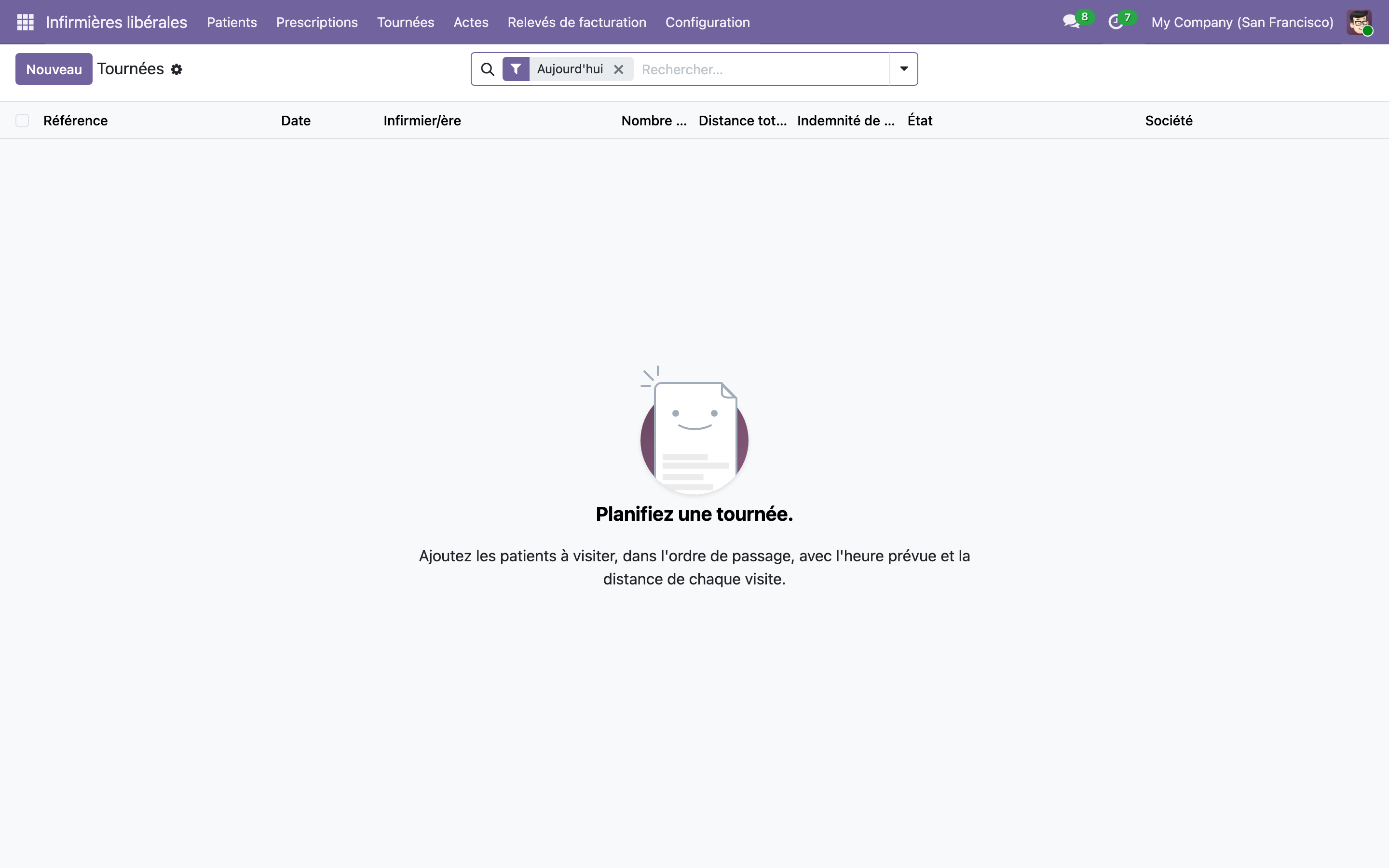 Capture de Infirmière libérale — patients, tournées et cotation des actes NGAP dans Odoo 19