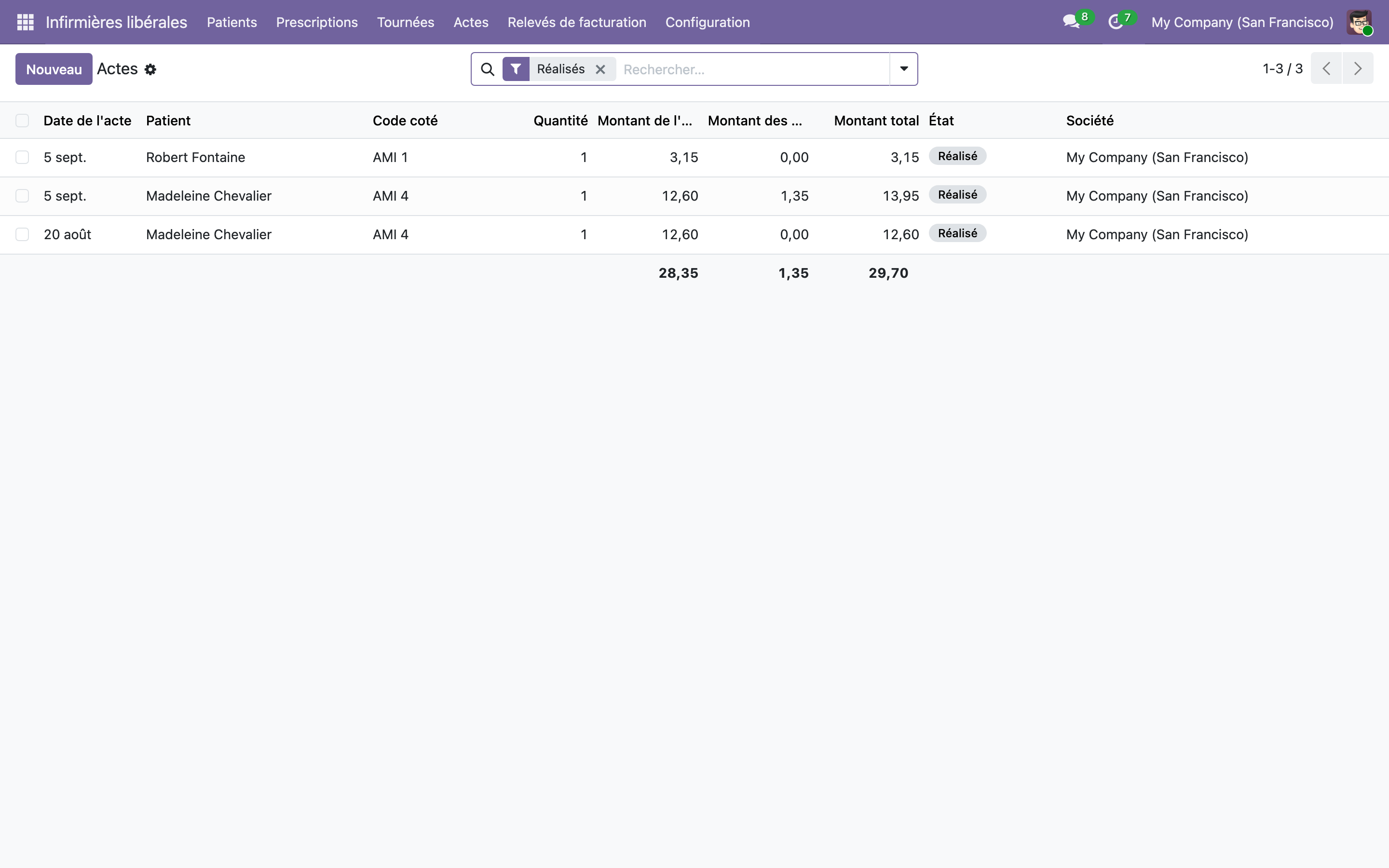 Capture de Infirmière libérale Lite — patients, prescriptions, actes NGAP et tournées dans Odoo 19