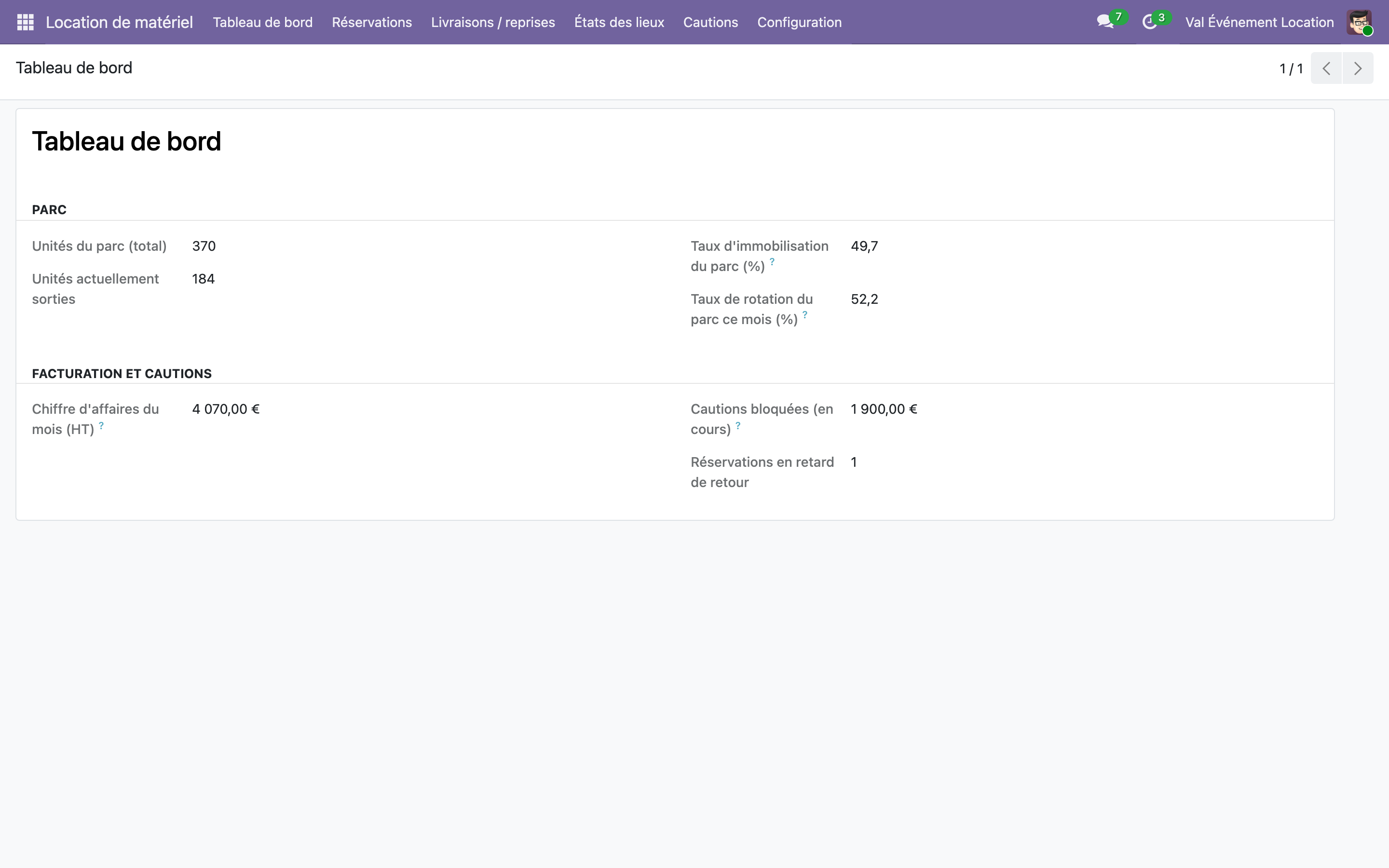 Capture de Location de matériel événementiel — tarification, facturation, tableau de bord dans Odoo 19