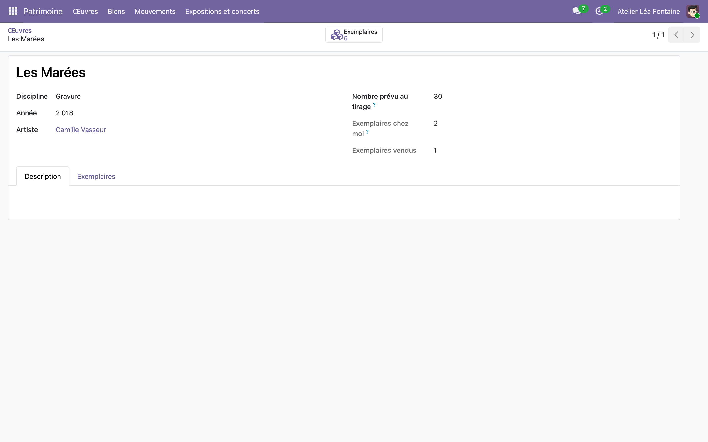 Capture de Patrimoine DYONYSOS — Artiste multi-activité (œuvres, tirages, droit de suite) dans Odoo 19