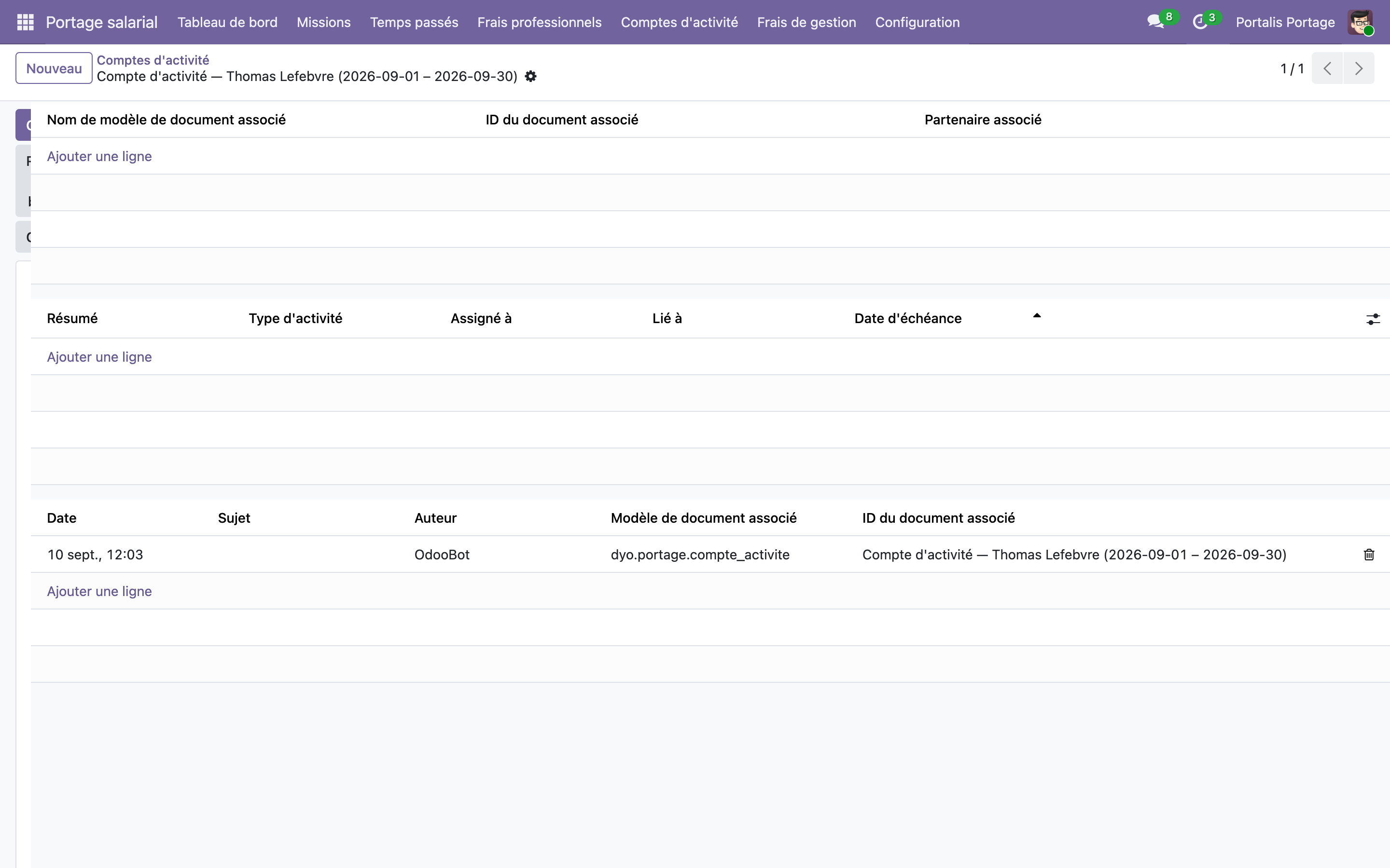 Capture de Portage salarial — compte d'activité, frais de gestion, tableau de bord dans Odoo 19