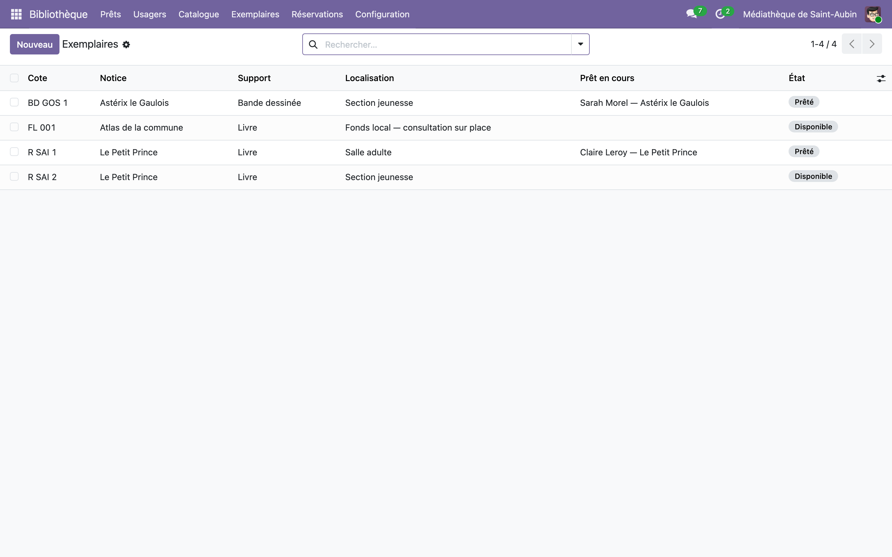 Capture de Bibliothèque municipale — catalogue, prêts, réservations dans Odoo 19