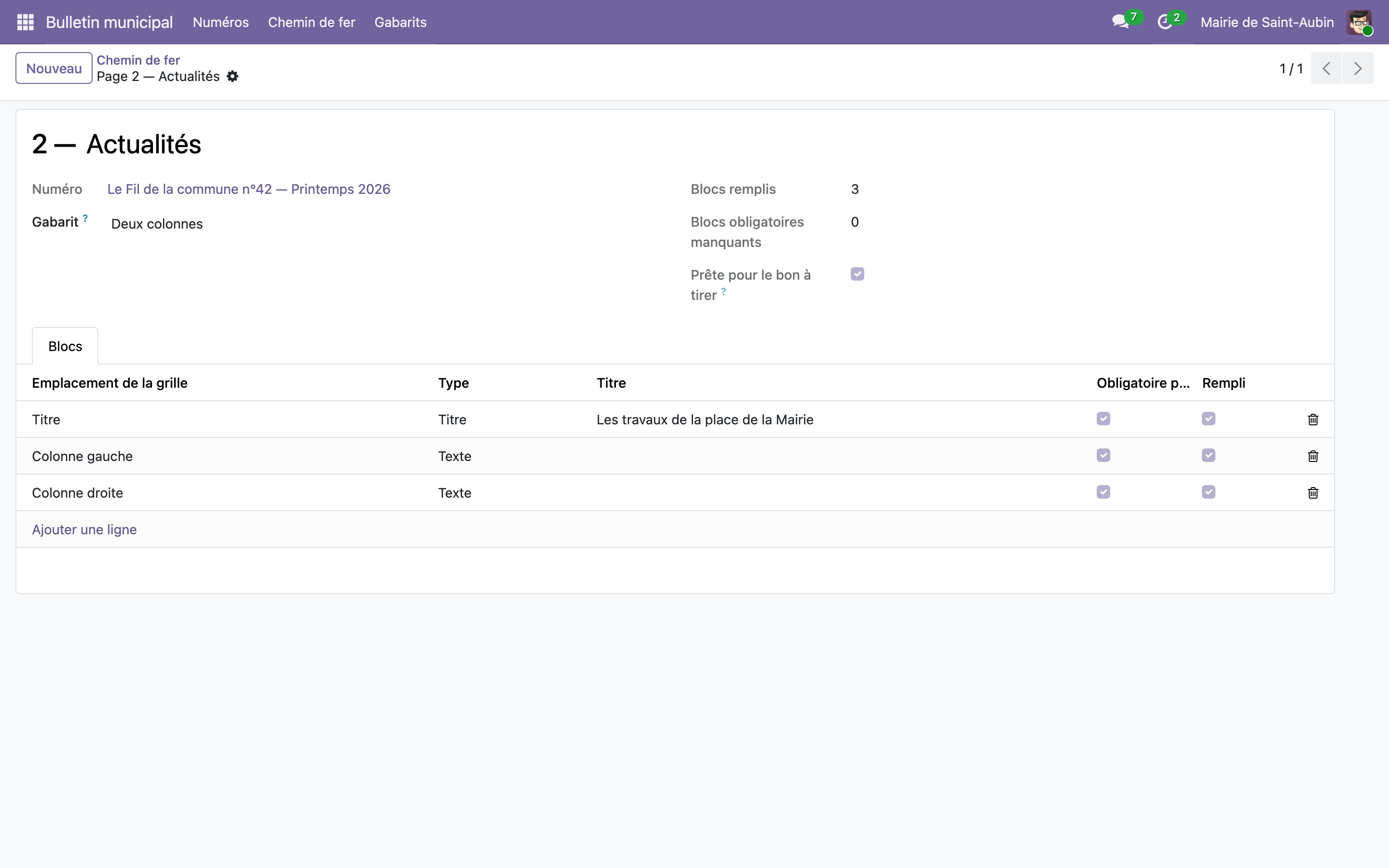 Capture de Bulletin municipal — chemin de fer, gabarits et bon à tirer dans Odoo 19