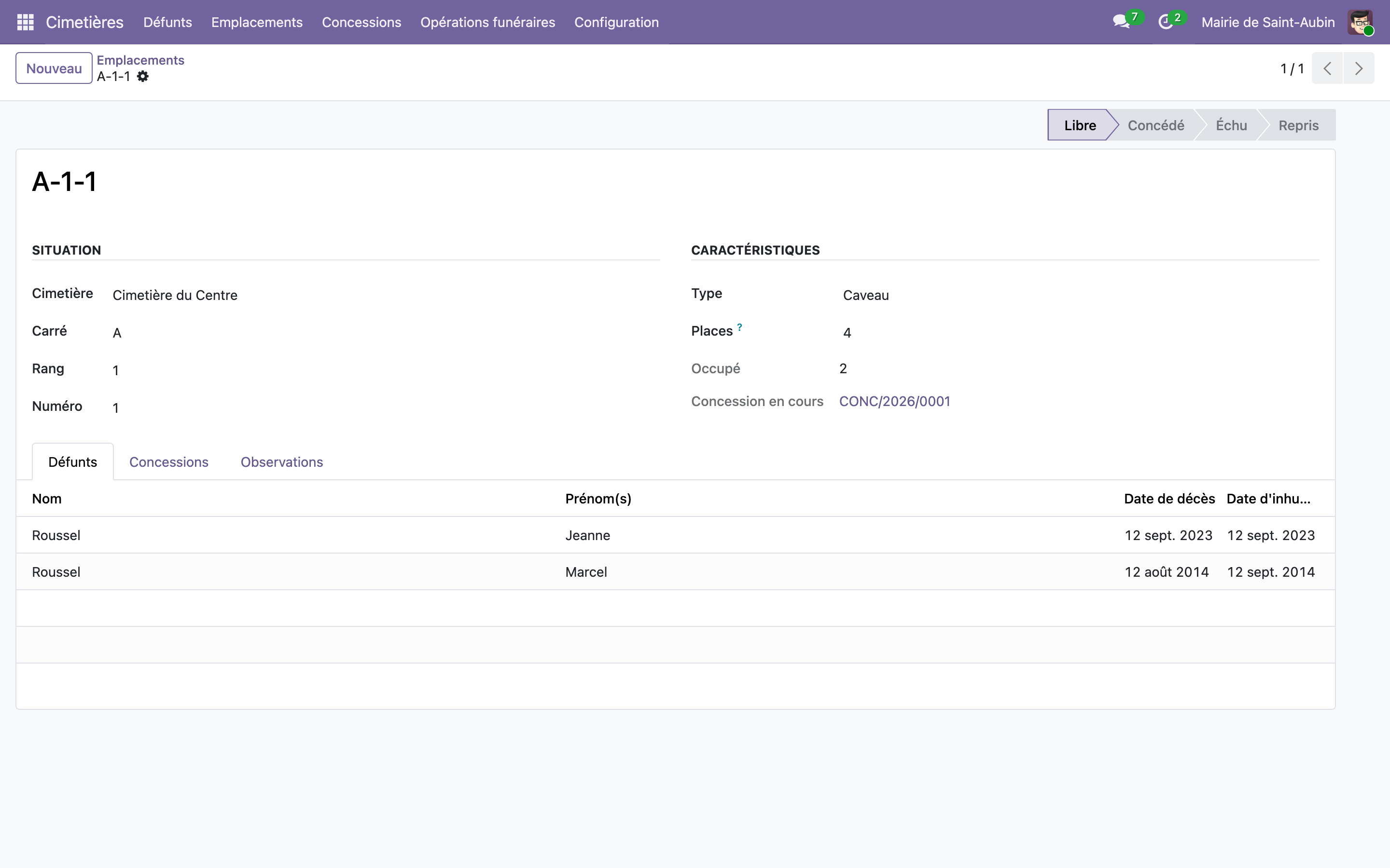 Capture de Gestion de cimetière communal — concessions, emplacements et reprises dans Odoo 19
