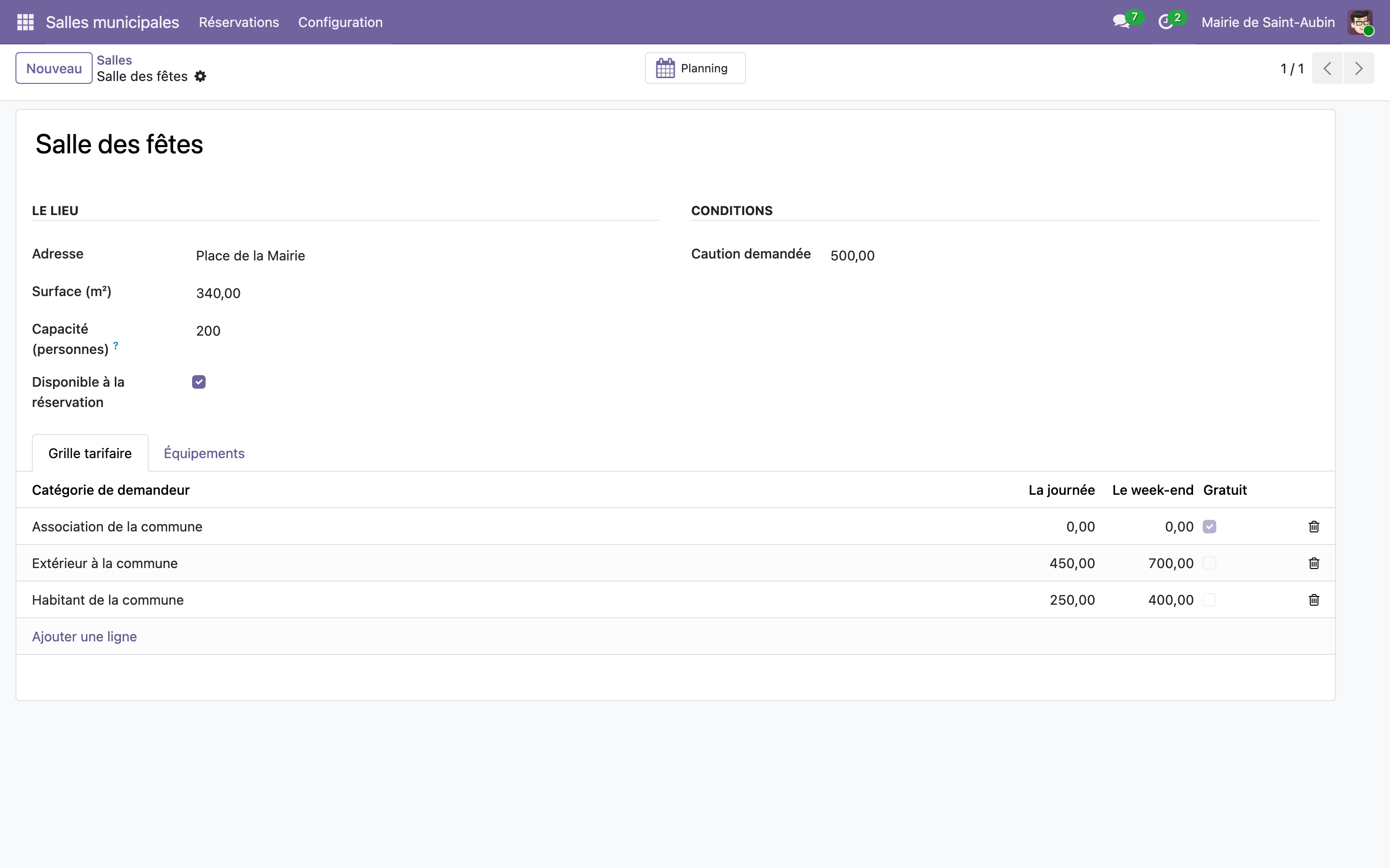 Capture de Salles municipales — réservations, tarifs par demandeur et cautions dans Odoo 19
