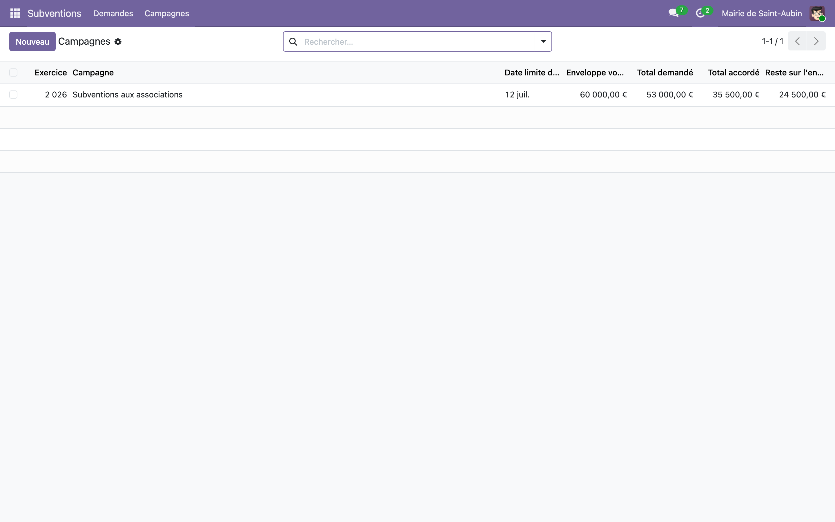 Capture de Subventions aux associations — campagnes, conventions et comptes rendus dans Odoo 19