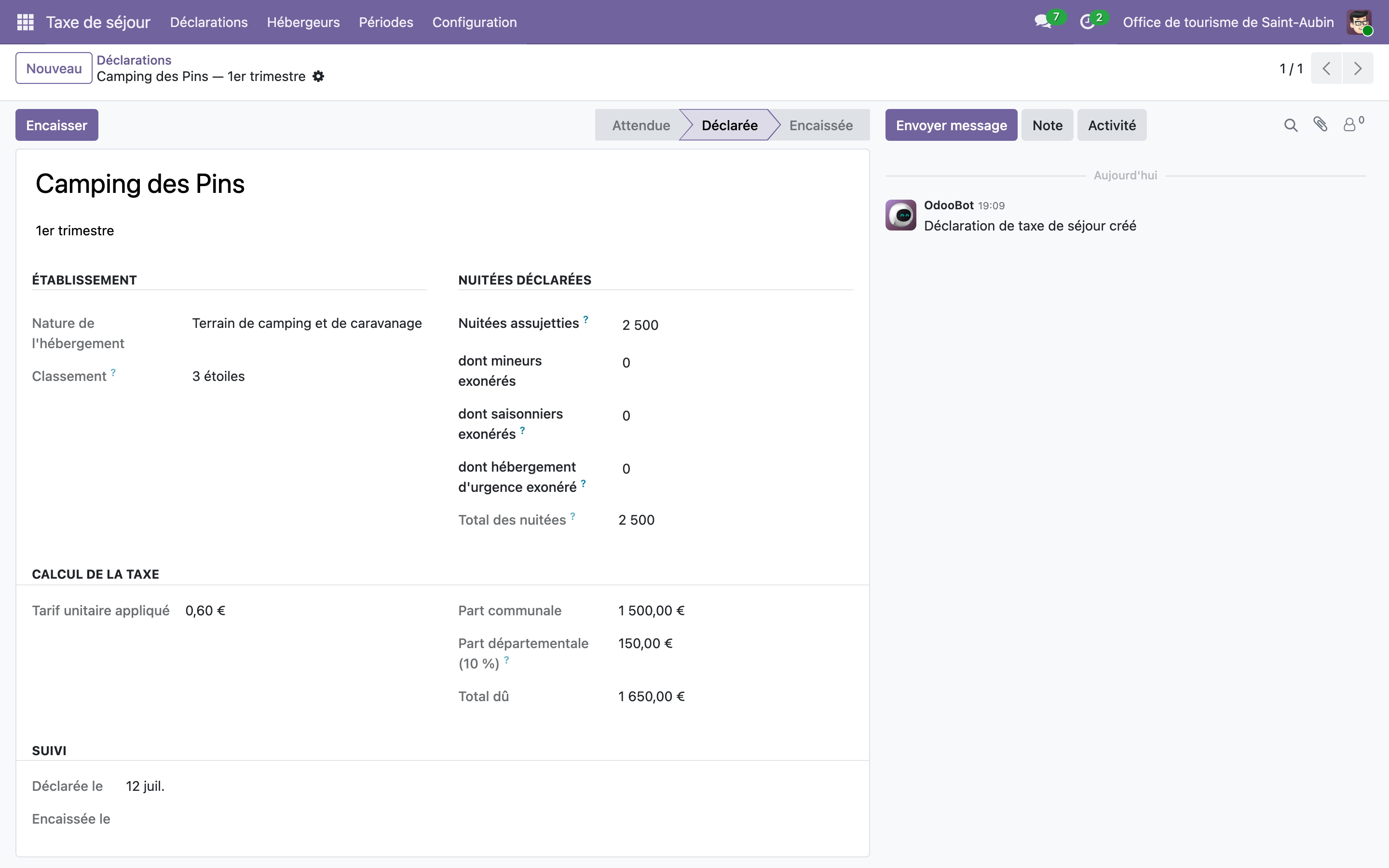 Capture de Taxe de séjour — hébergeurs, déclarations et non-déclarants dans Odoo 19