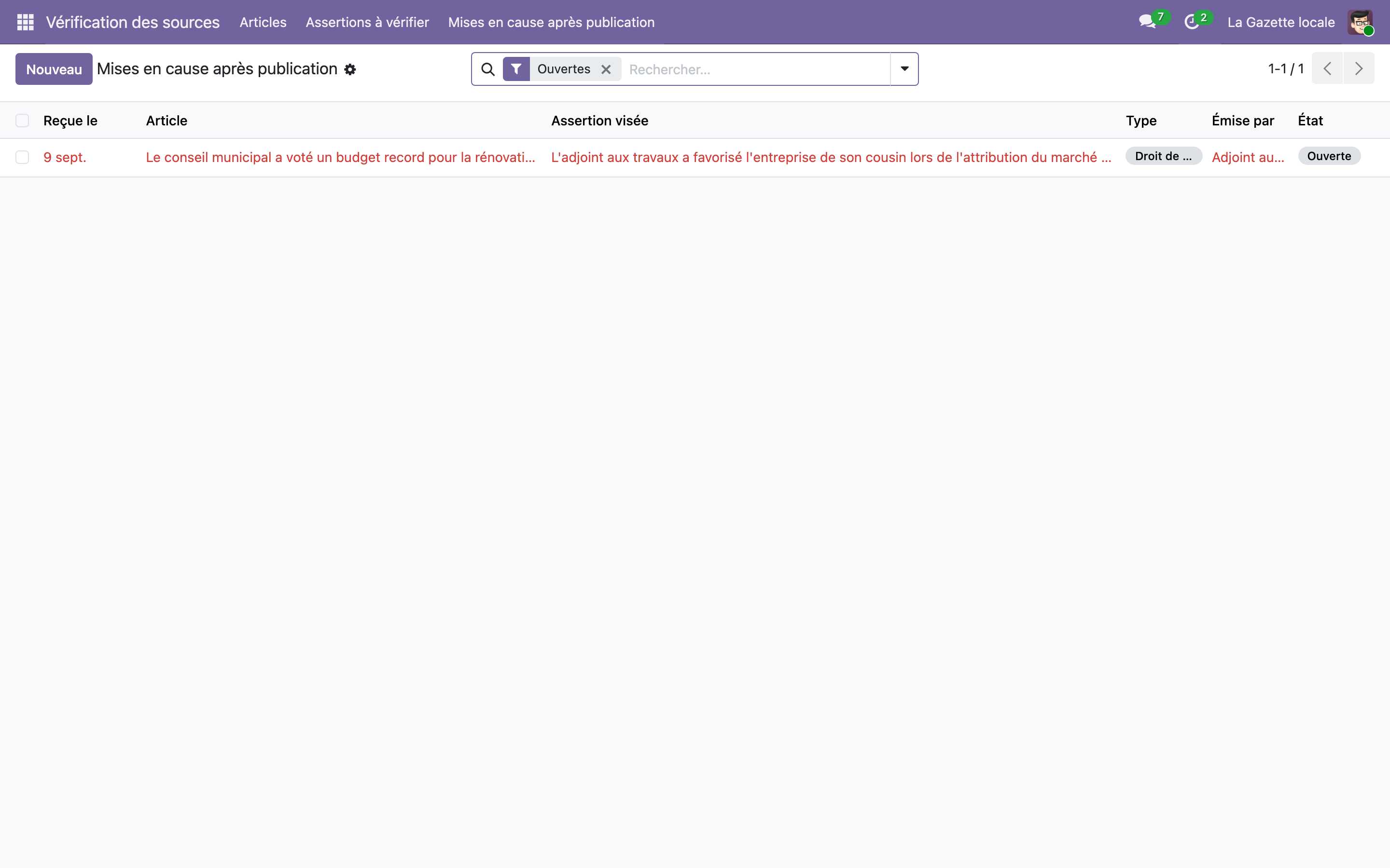 Capture de Vérification des sources en rédaction — mise en cause, droit de réponse et dossier de vérification dans Odoo 19