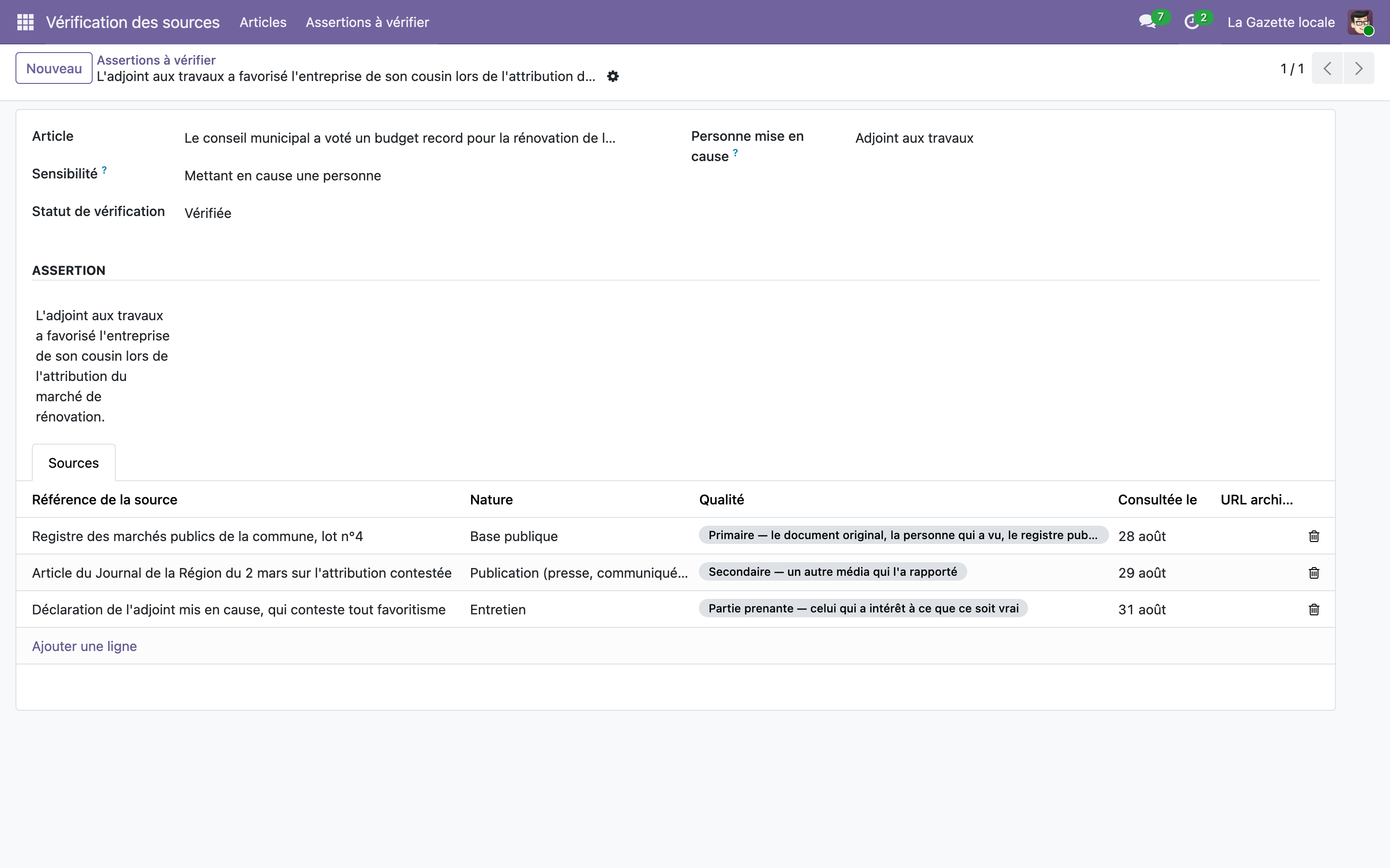Capture de Vérification des sources en rédaction Lite — assertions, sources et barrage à la publication dans Odoo 19