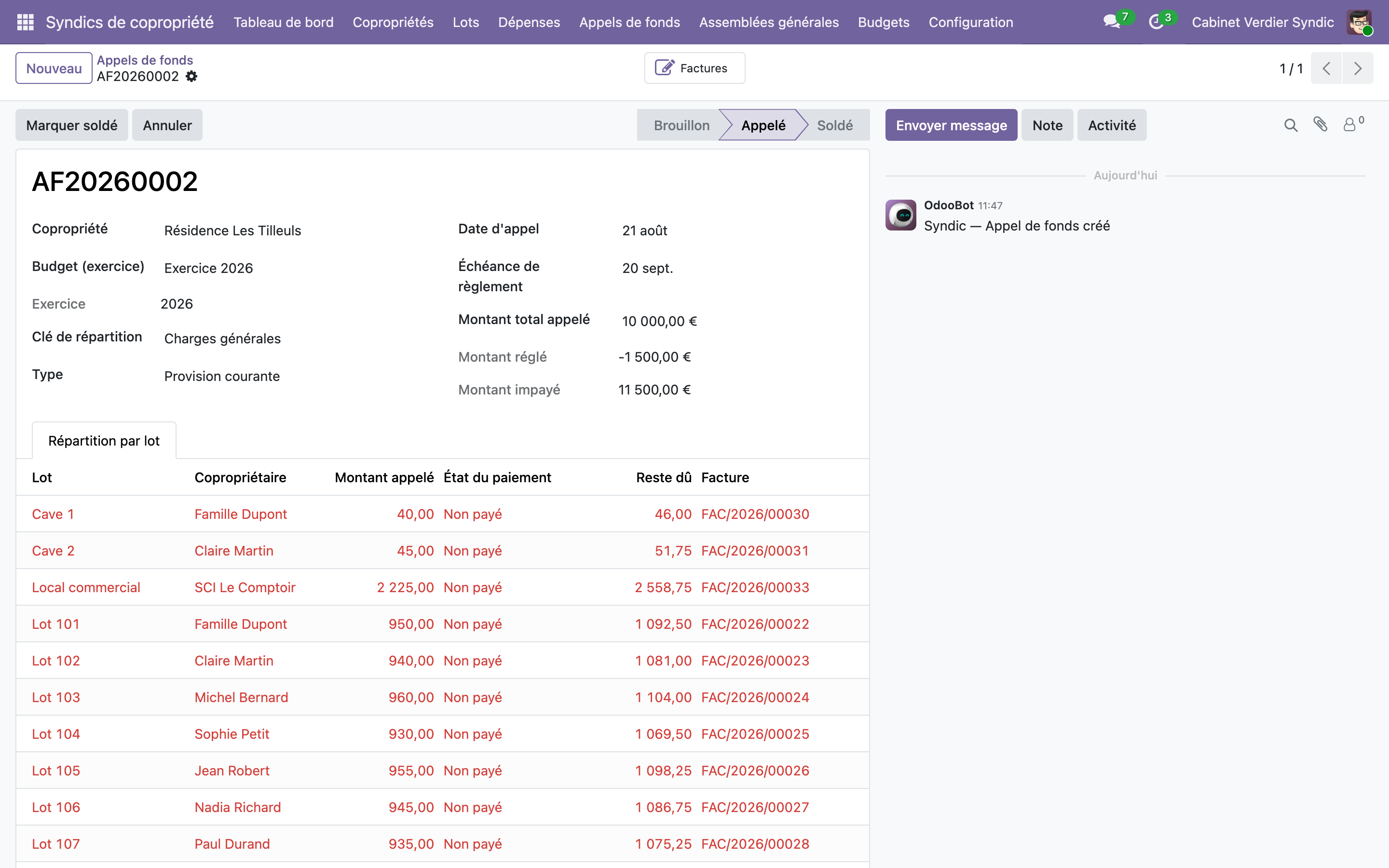 Capture de Syndics de copropriété — lots, tantièmes et charges dans Odoo 19
