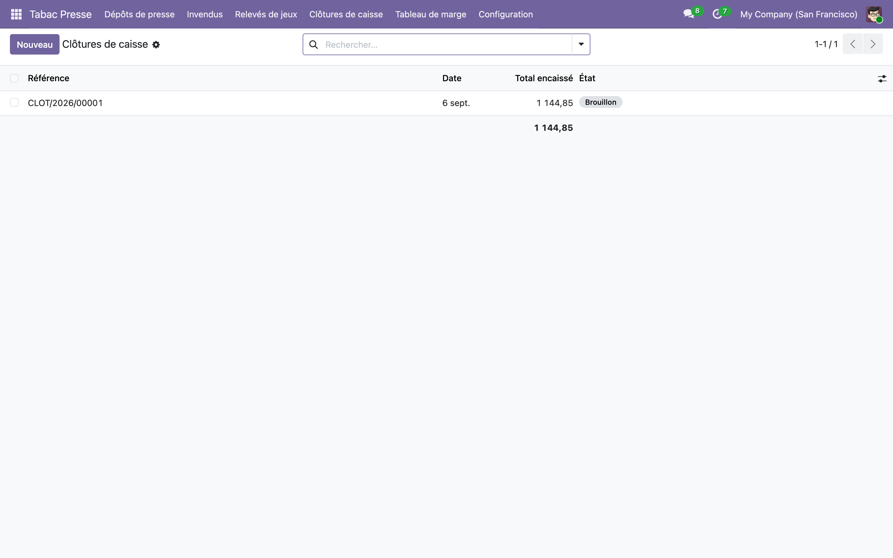 Capture de Gestion tabac presse — dépôts, invendus, relevés jeux et clôture de caisse dans Odoo 19