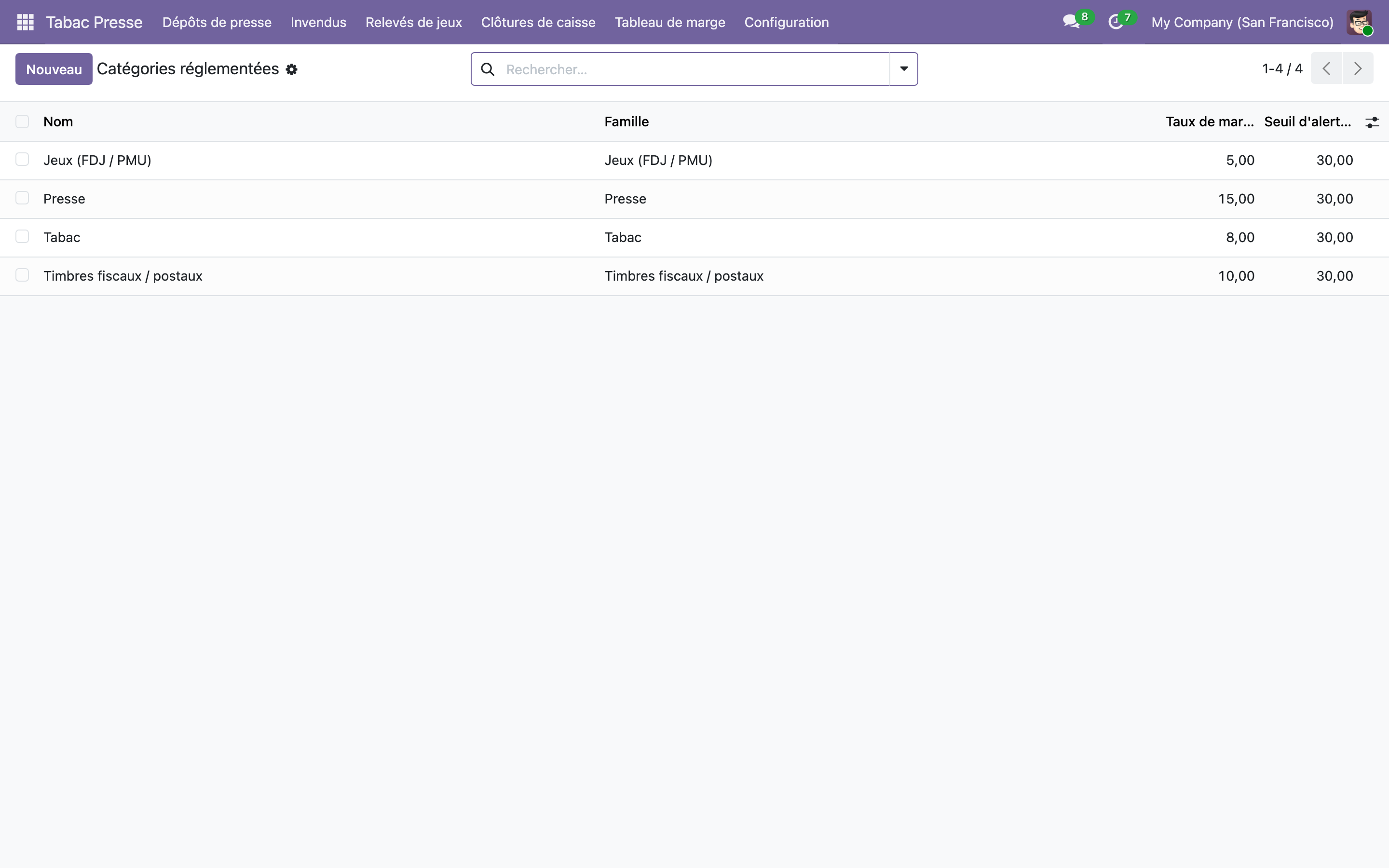 Capture de Gestion tabac presse Lite — catégories, dépôts et invendus dans Odoo 19