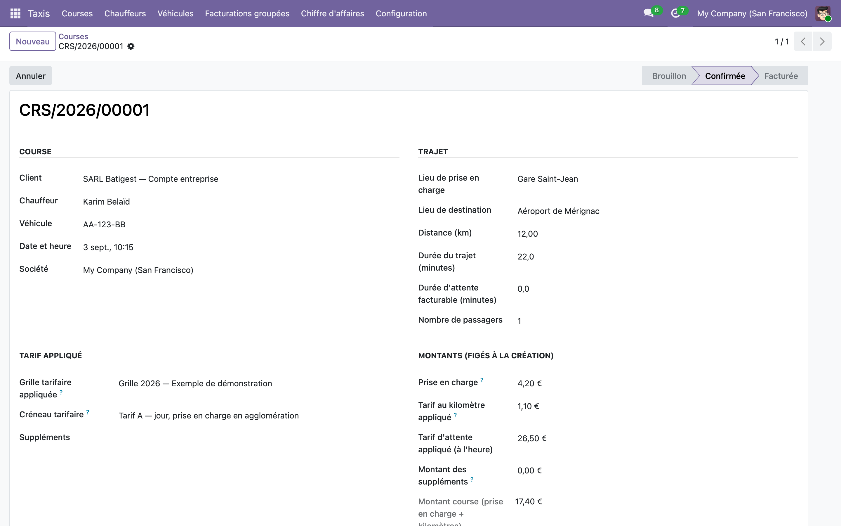 Capture de Gestion de taxi — courses, grilles tarifaires, comptes entreprise et conventions CPAM dans Odoo 19