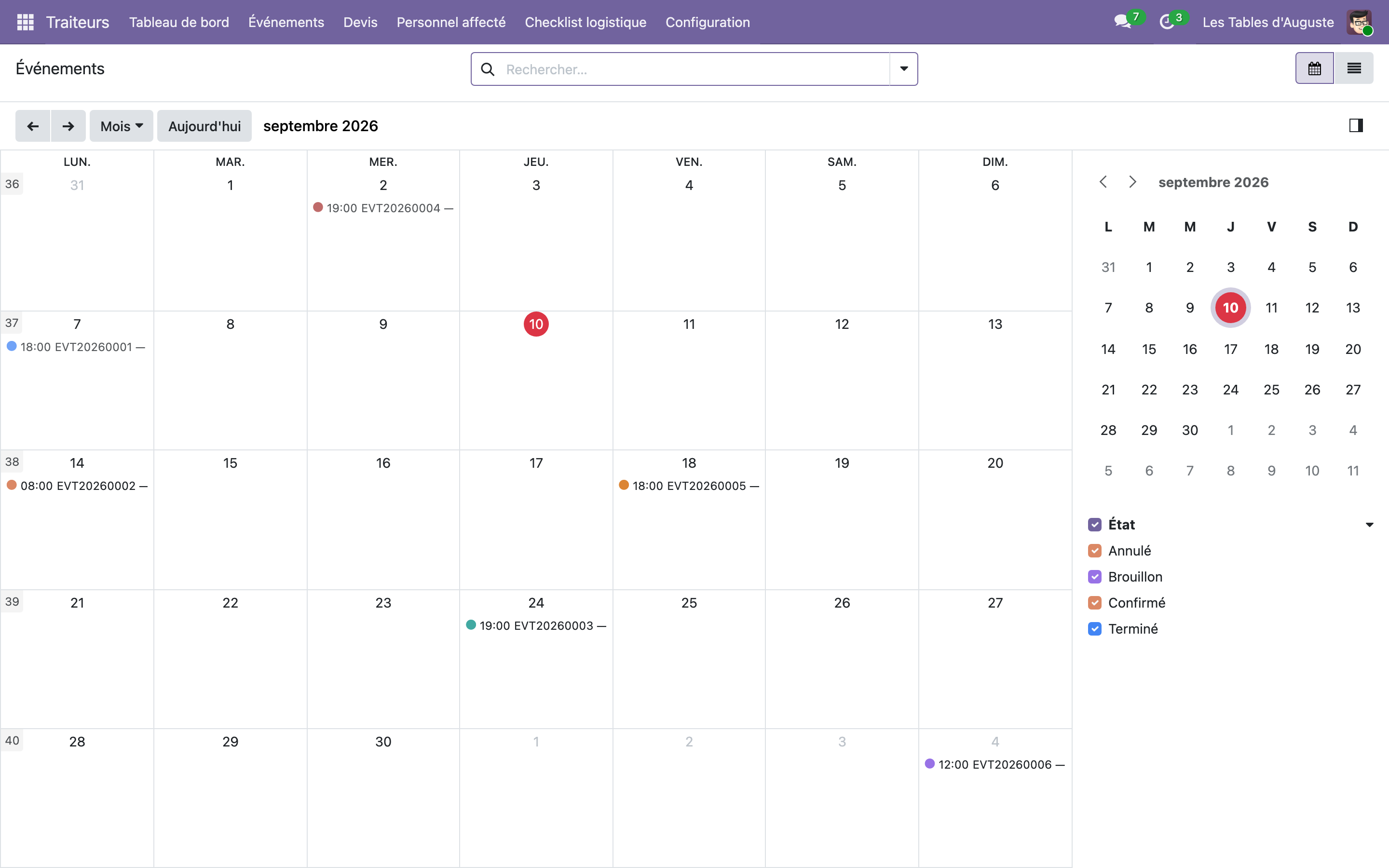 Capture de Traiteurs événementiel — événements, menus, personnel extra et logistique dans Odoo 19