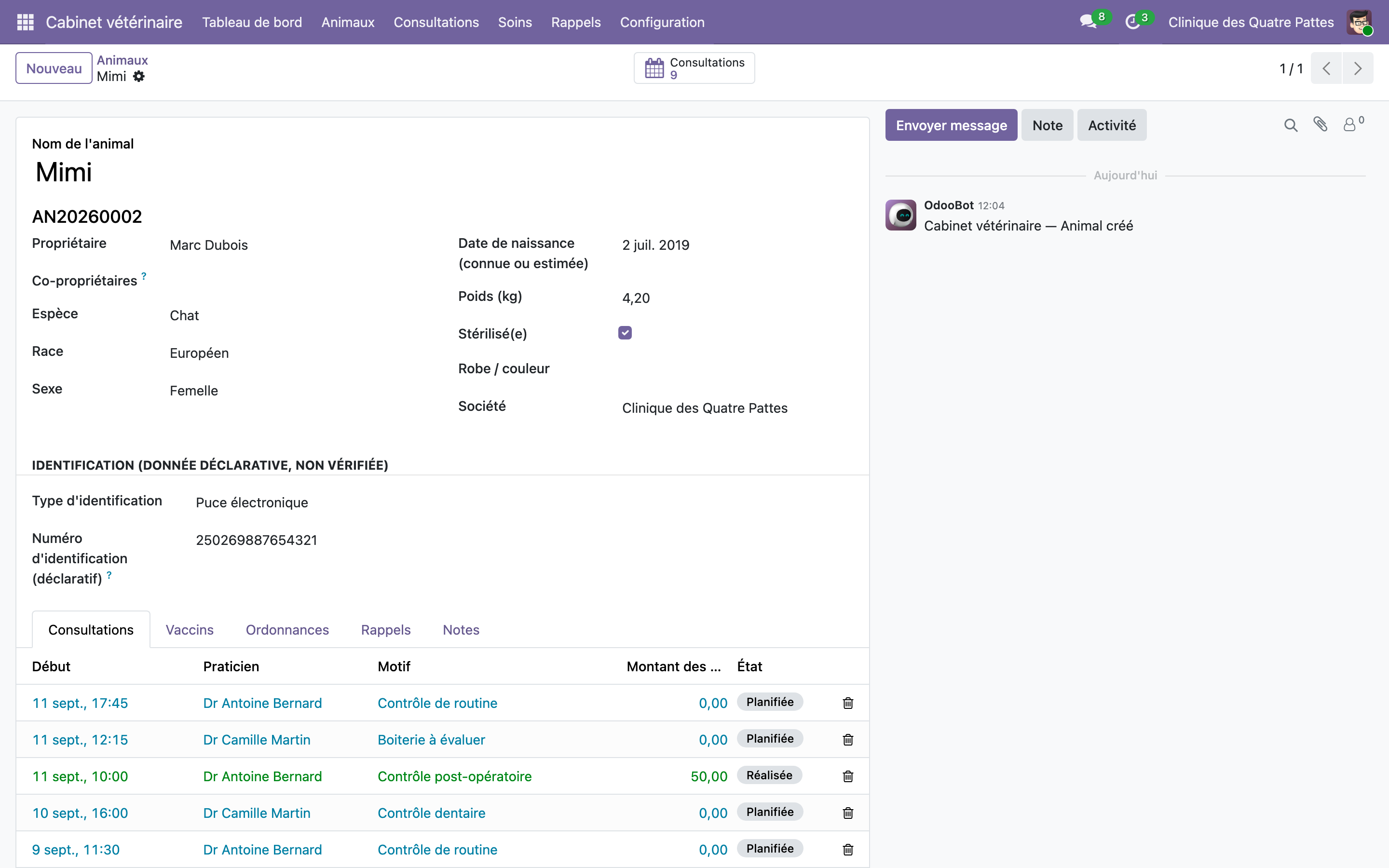 Capture de Cabinets vétérinaires — dossiers animaux, consultations et planning dans Odoo 19