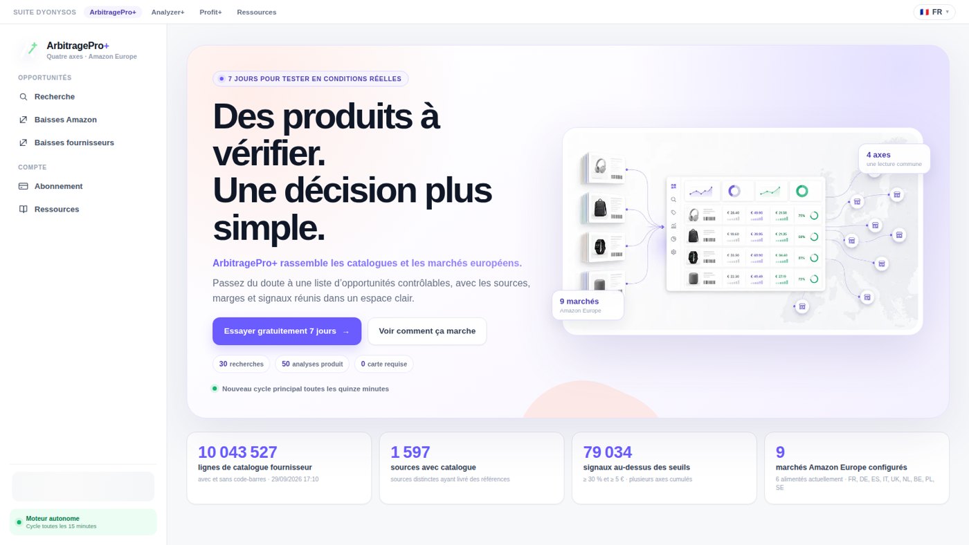 Page d'accueil d'ArbitragePro+ montrant le cockpit et les compteurs de catalogue