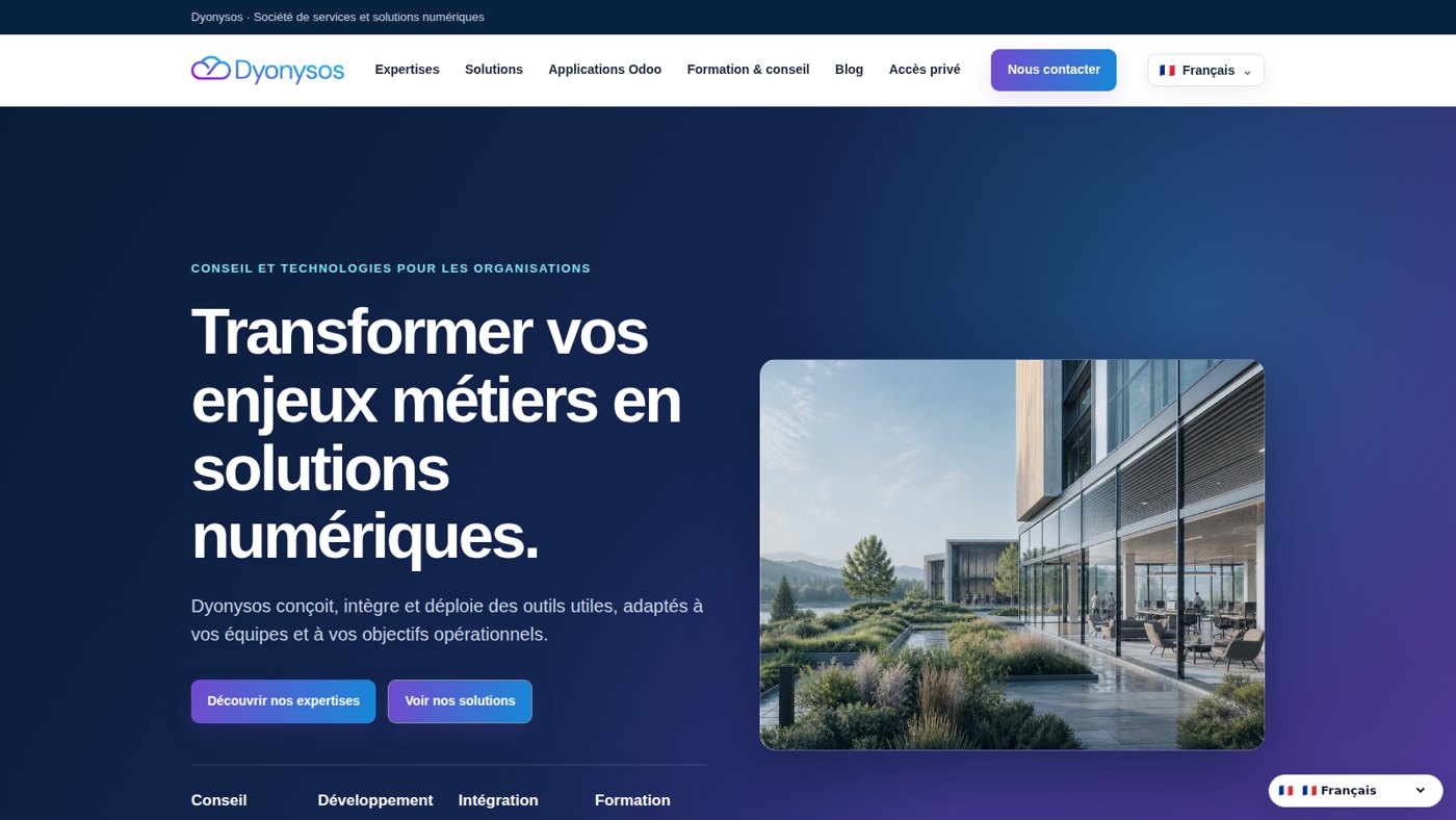 Page d'accueil de Dyonysos : transformer vos enjeux métiers en solutions numériques