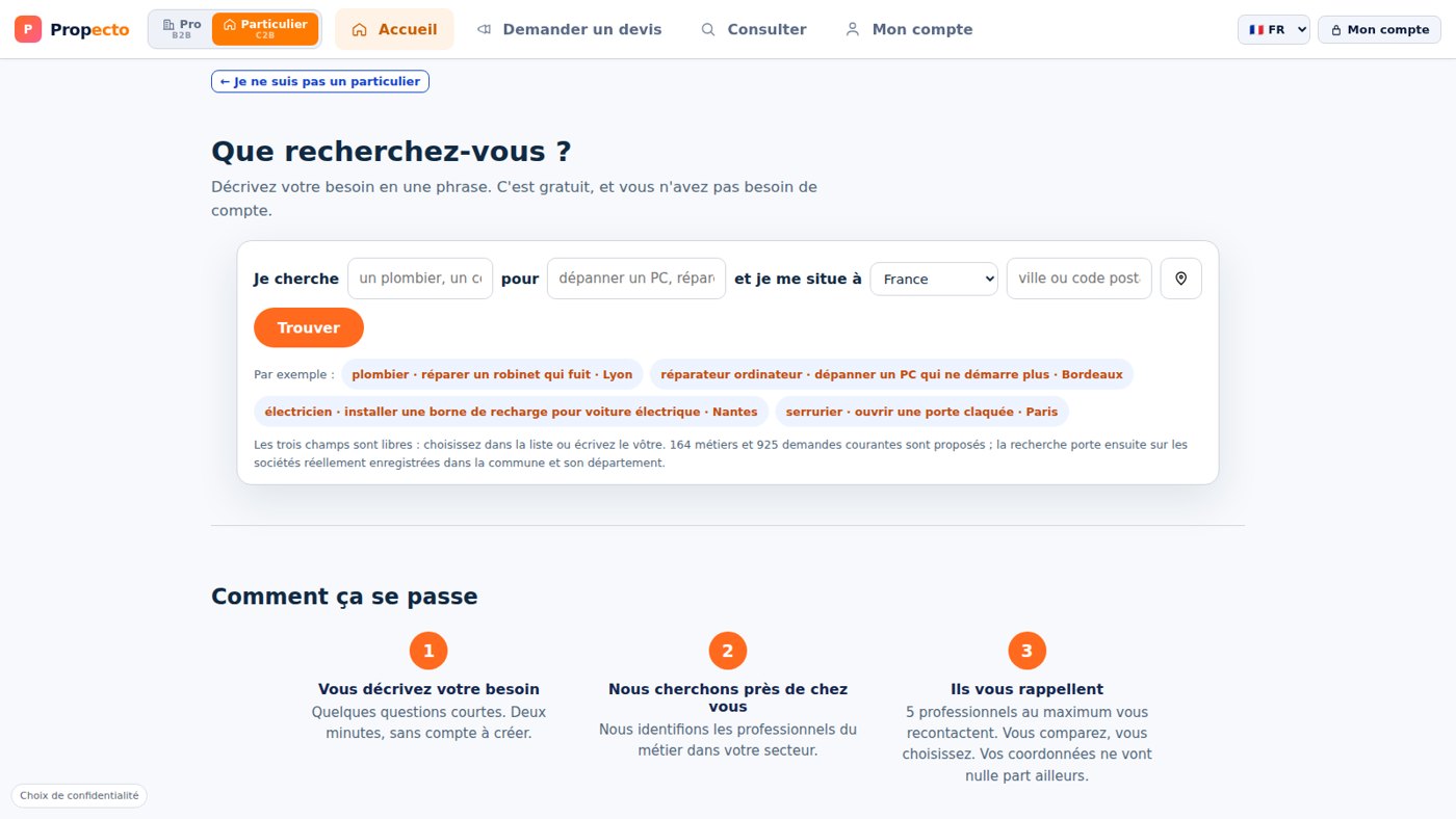 Écran Propecto « Que recherchez-vous ? » avec les trois champs de recherche