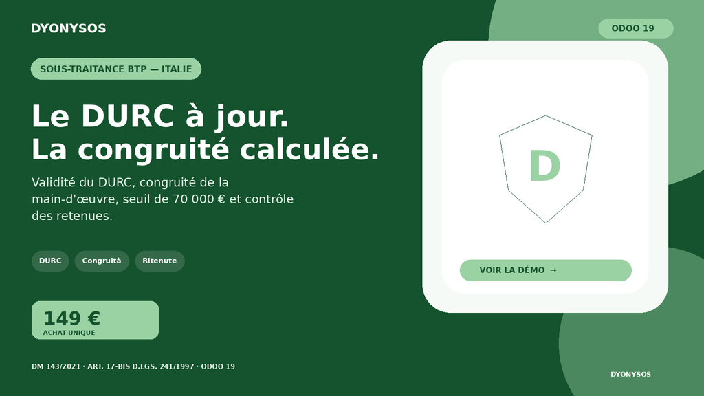 Capture d'écran — Sous-traitance BTP — Italie : DURC et congruité de la main-d'œuvre (Odoo Online)