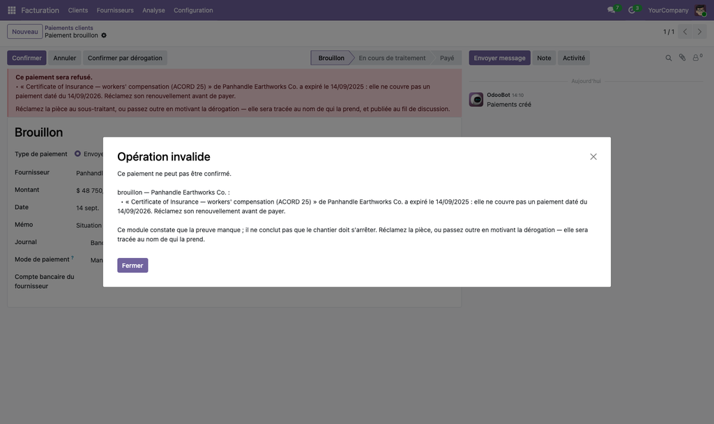 Capture d'écran — Attestations de sous-traitants et assurance accidents du travail — États-Unis et Canada : blocage du paiement, classifications, primes et masses salariales (Odoo 19)