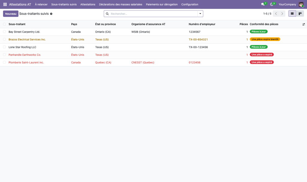 Capture d'écran — Attestations de sous-traitants et assurance accidents du travail — États-Unis et Canada : registre et dates d'expiration (édition gratuite, Odoo 19 Community)