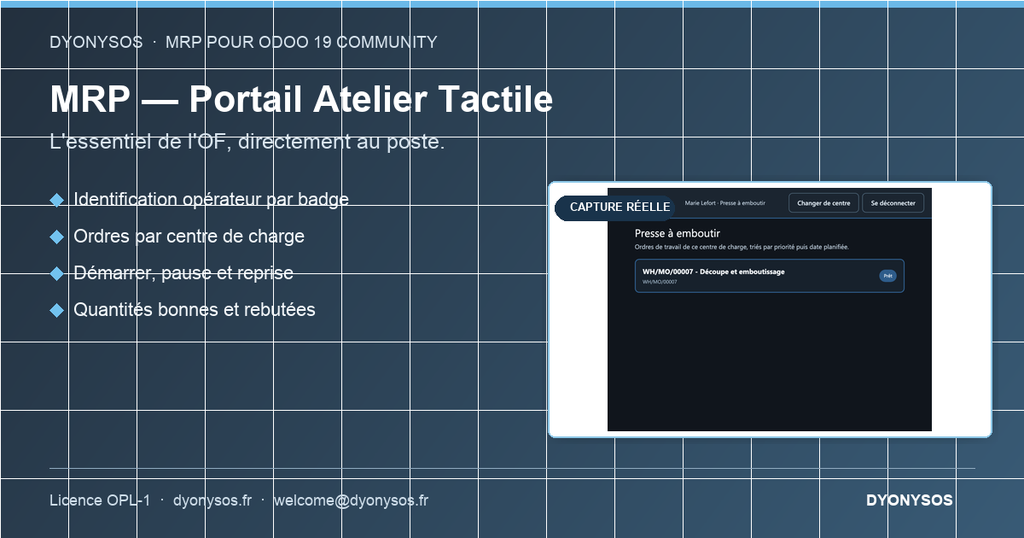 Capture d'écran — MRP — Portail Atelier Tactile (pointage d'atelier sur tablette, Odoo Community)