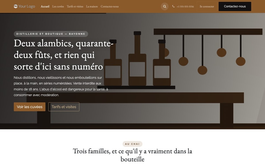 Capture d'écran — Thème Alambic — Distillerie et boutique de spiritueux (complet)