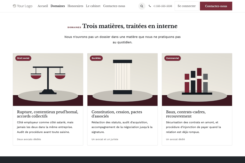 Capture d'écran — Thème Barreau — Cabinet d'avocats et conseil (complet)