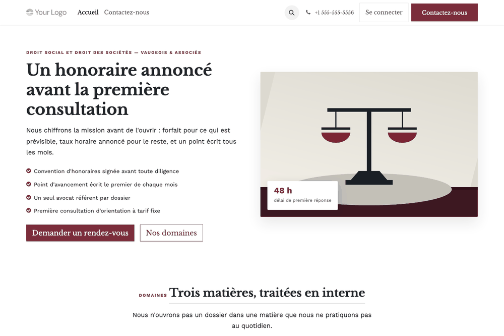 Capture d'écran — Thème Barreau — Cabinet d'avocats et conseil (gratuit)