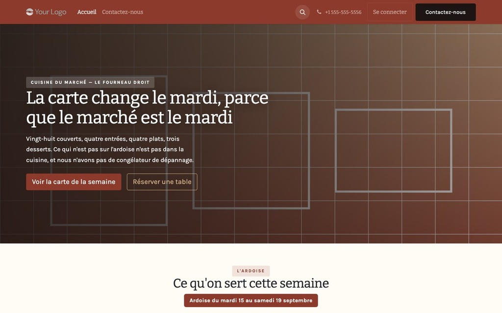 Capture d'écran — Thème Braise — Restaurant de quartier, cuisine du marché (gratuit)